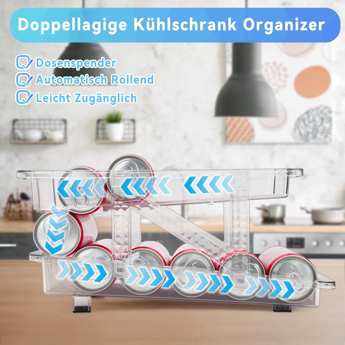 2 Organizador de Latas para Nevera, Dispensador Expandible y Rodante de 2 Niveles, Automático para Refrescos y Cerveza en Cocina