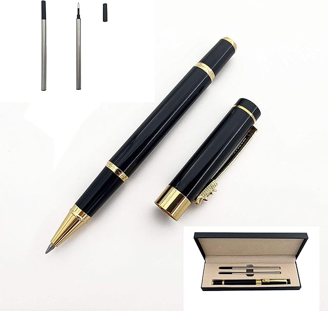 Accod Fine Nib Ballpoint Pen High-end Business Signature Pen Metal Pen Clip Black Ink Rollerball Pen with Two 0.5mm Replacement Refills Gift Pen Premium Gift Box (Black)