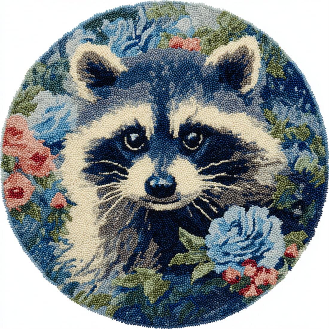 Rqwybcaxn H Diy Rug Latc Hook Kits For Adults Animal Needlework Kit Raccoons And Flowers 50X50cm Round Tapestry Wit Crochet Ook Living Room Craft Gift