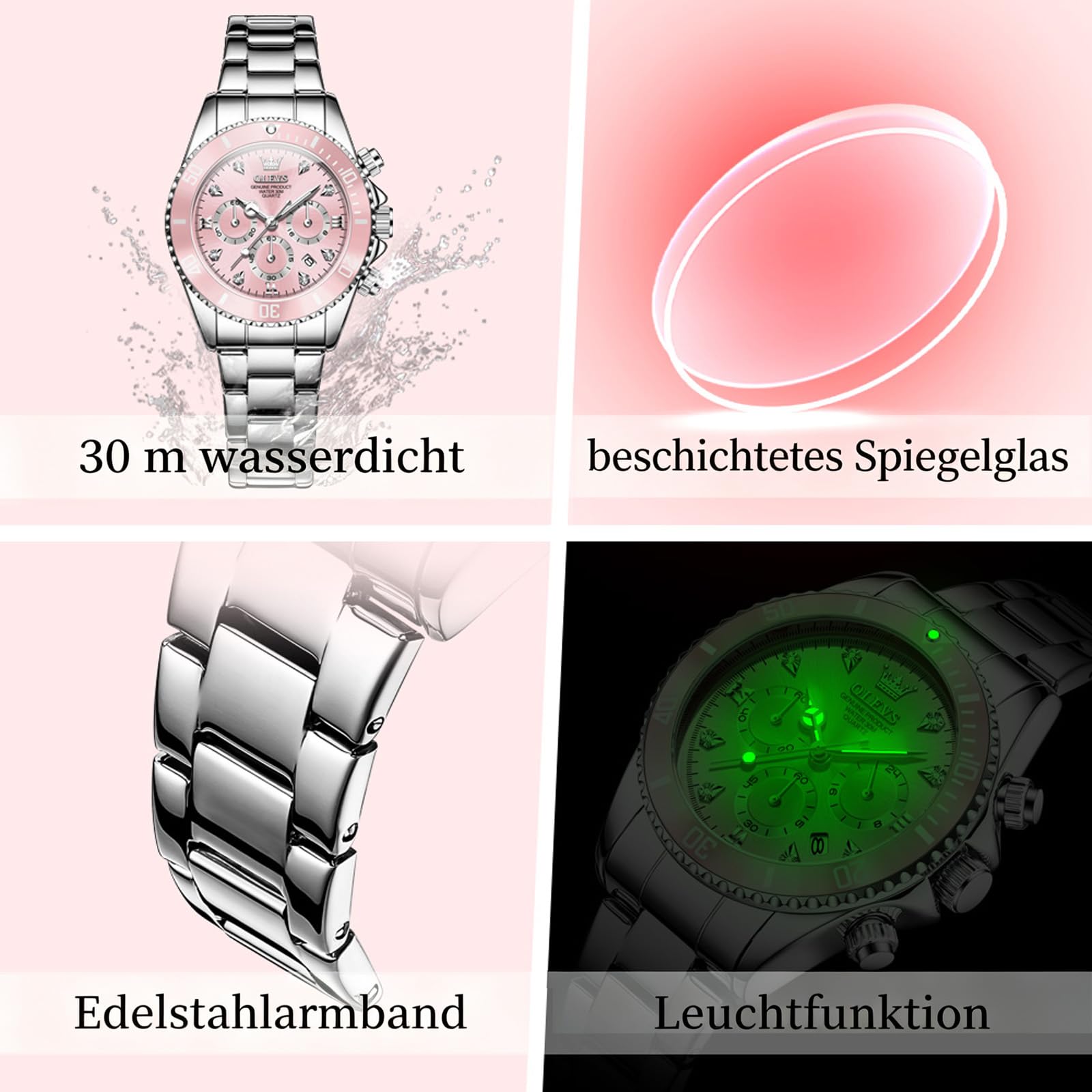 OLEVS Damenuhr Quarz Chronograph 38mm Silikonarmband wasserdicht Armbanduhr
