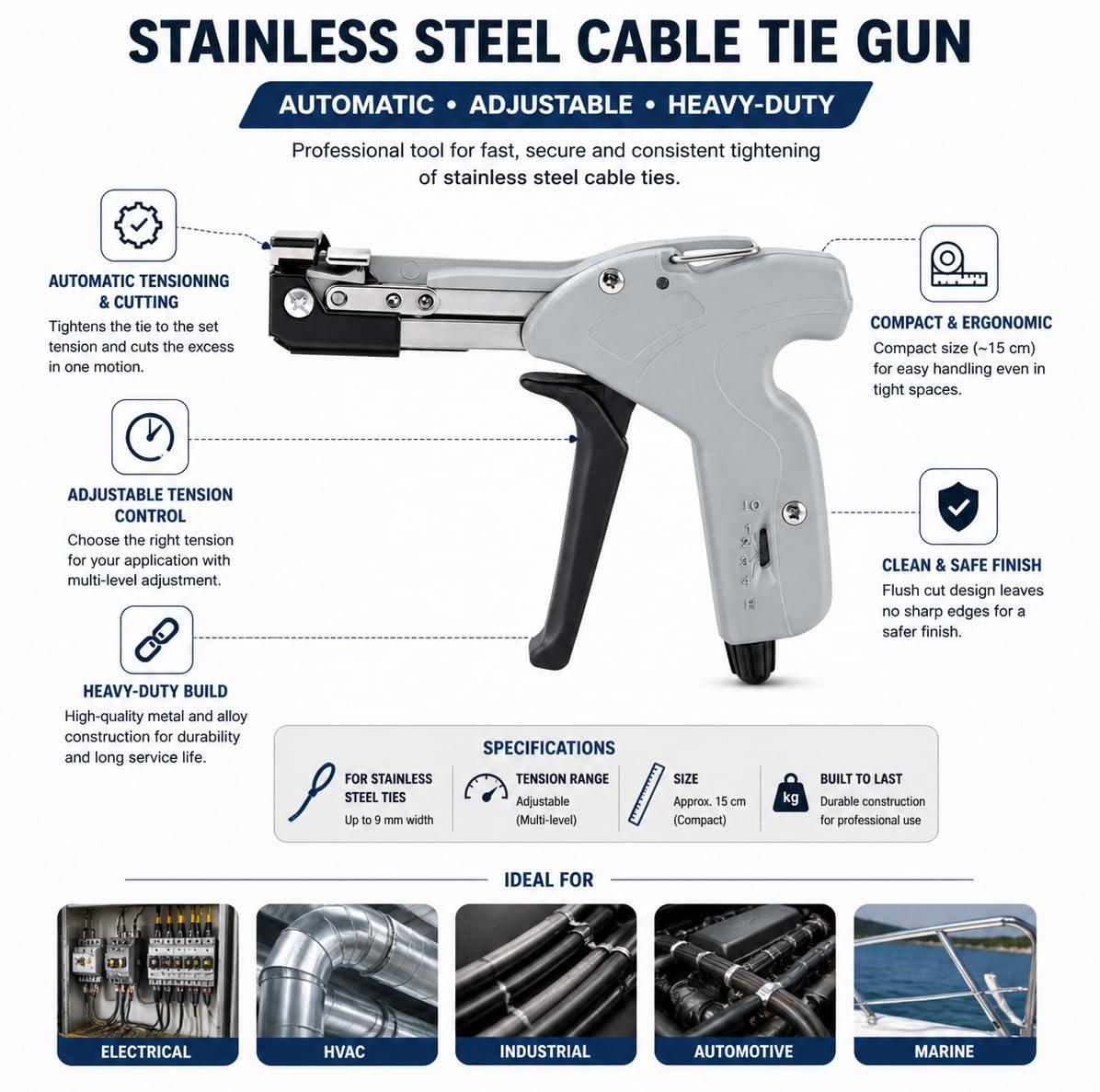 KATSU Tools Pistola per Fascette in Acciaio Inossidabile, Strumento Professionale per Tensionare e Tagliare Automaticamente le Fascette Metalliche 417521
