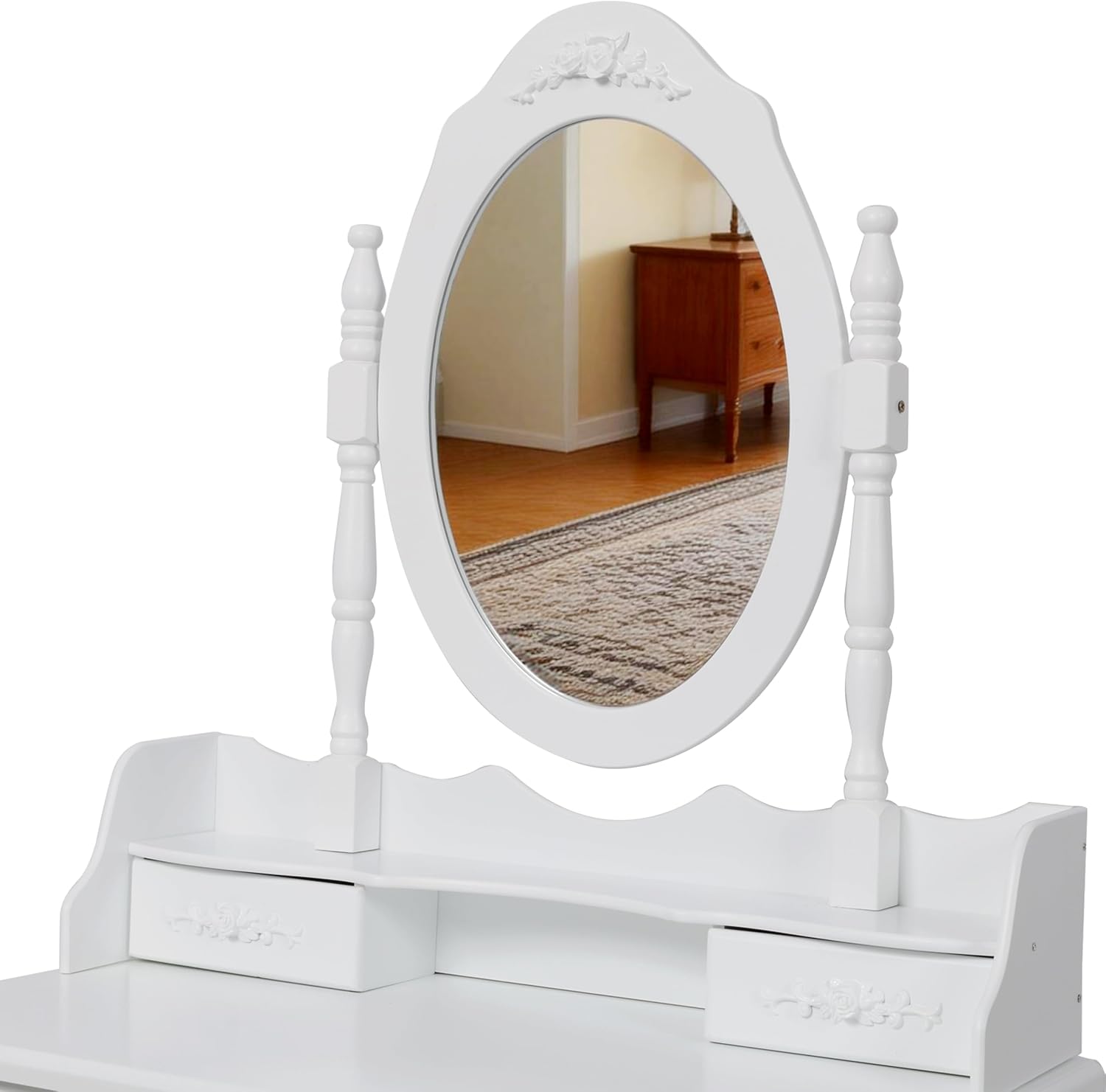 Modern Vanity Makeup Wooden Table Desk Set with Mirror & Cushioned Stool, 4-Drawer Wooden Makeup Vanity Table for Girls' Bedroom, Dressing Table with Ample Storage (White Vanity)