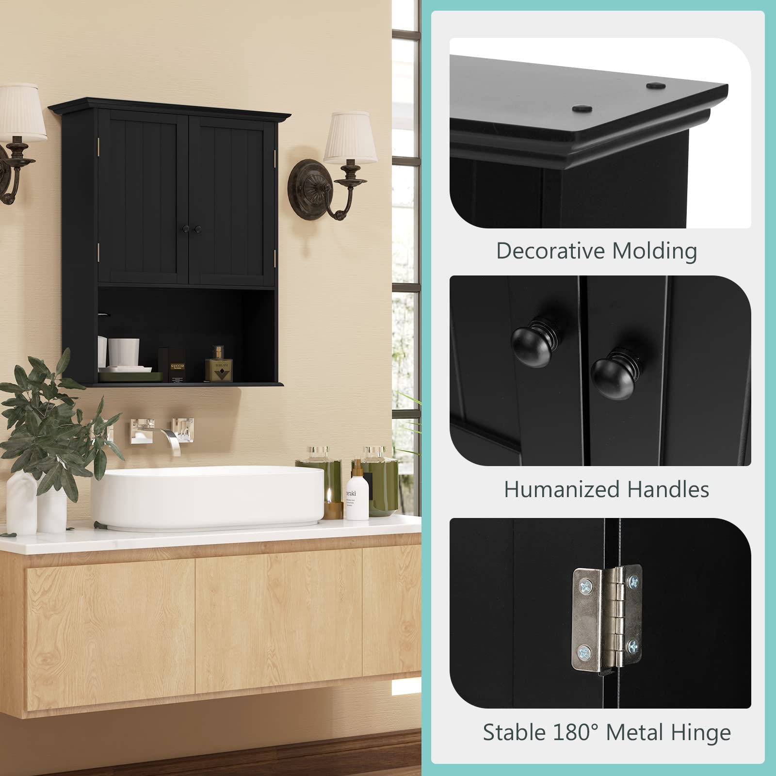 LIFEZEAL Armoire Murale Salle de Bain, Meuble Rangement Mural avec Etagère Réglable et 2 Portes, Placard de Rangement en Bois 60x20x70,5 CM, pour Cuisine, Salon, Chambre, Noir