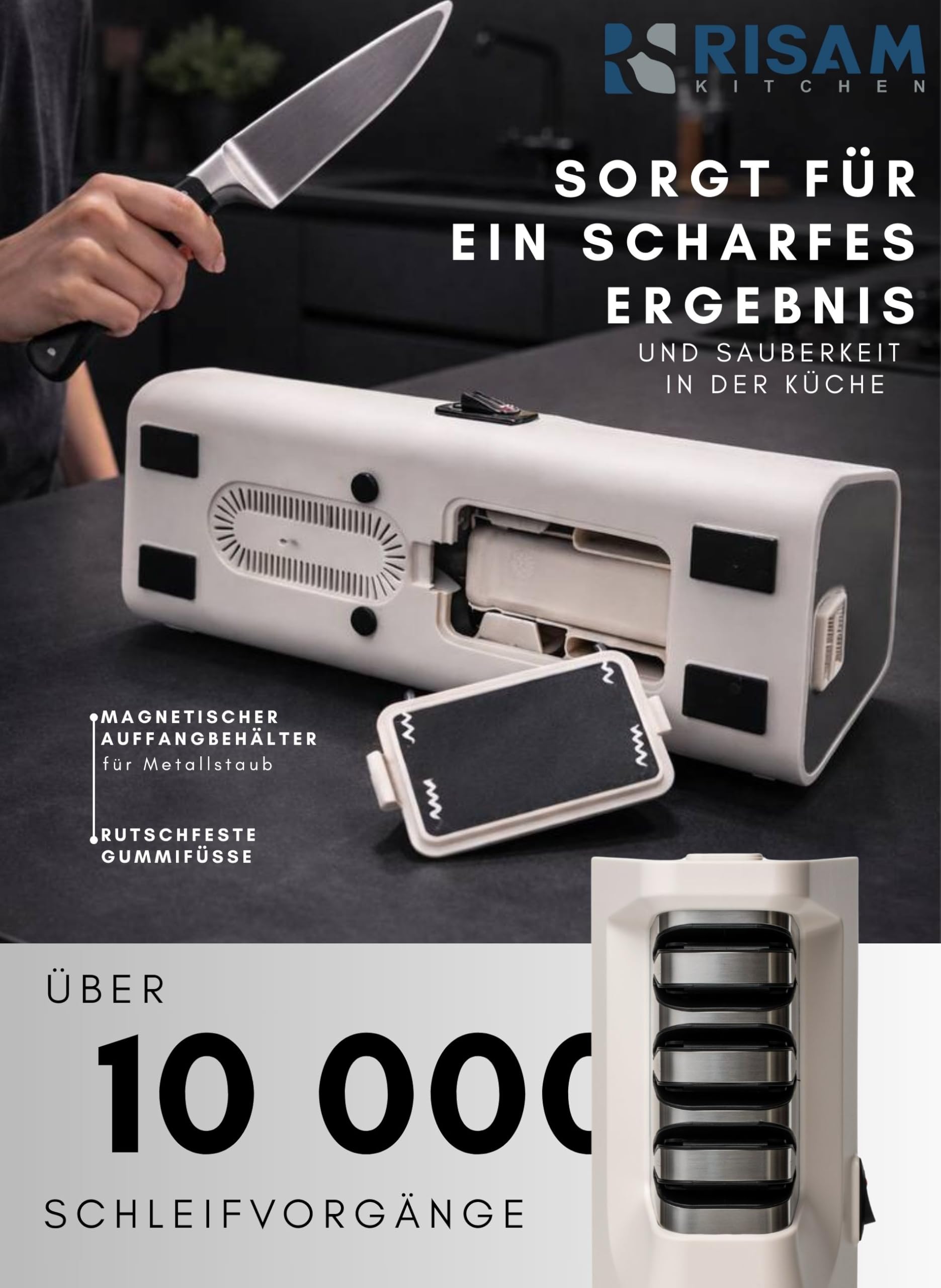 RISAM Elektrischer Messerschärfer 3-Stufen Schleifsystem für Küchenmesser & Keramikmesser Weiß
