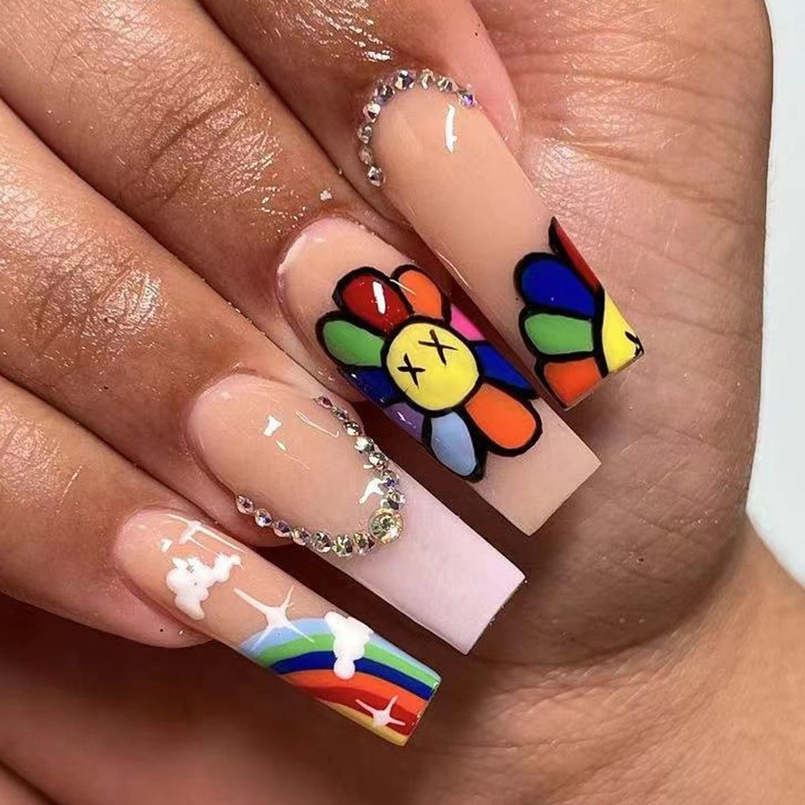 IMSOHOTGlossy Press on Nails Long Coffin Fake Nails Sunflower Ballerina False Nails with Designs 24Pcs Glue on Nails Acrylic Nails for Women