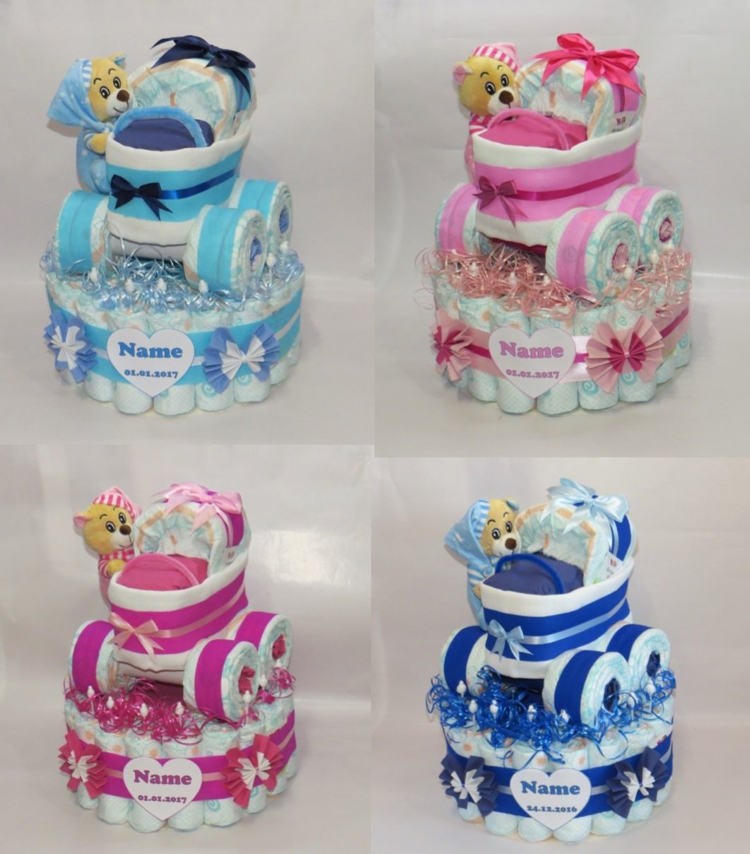 Windeltorte | Windeltorte mit Windelkinderwagen mit Schlafbär (babyblau) | Windelgeschenk Junge