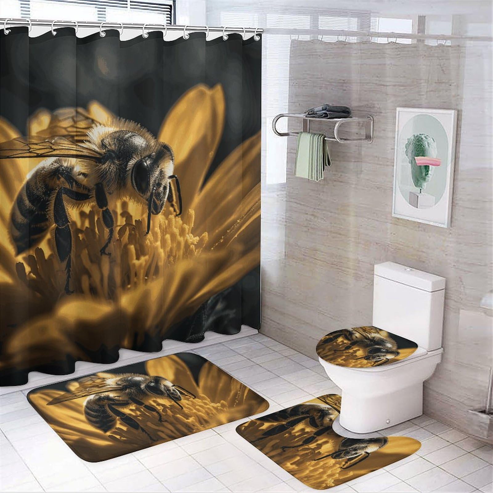 Rideau de douche anti-moisissure et tapis de bain antidérapant lot de 4 Serious Bee