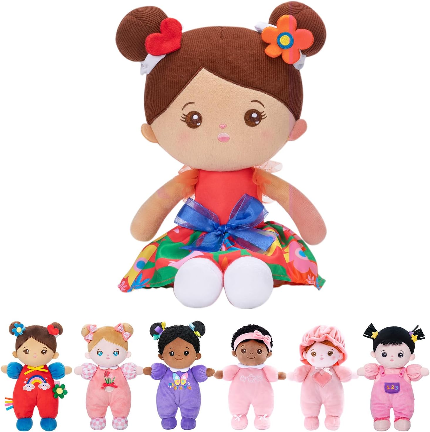 OUOZZZ 10“ Soft Baby Doll for Girls & 12.6" Plush Rag Dolls Red Floral Dress Toy - My First Baby Doll Birthday Gifts for Toddlers Kids Infants