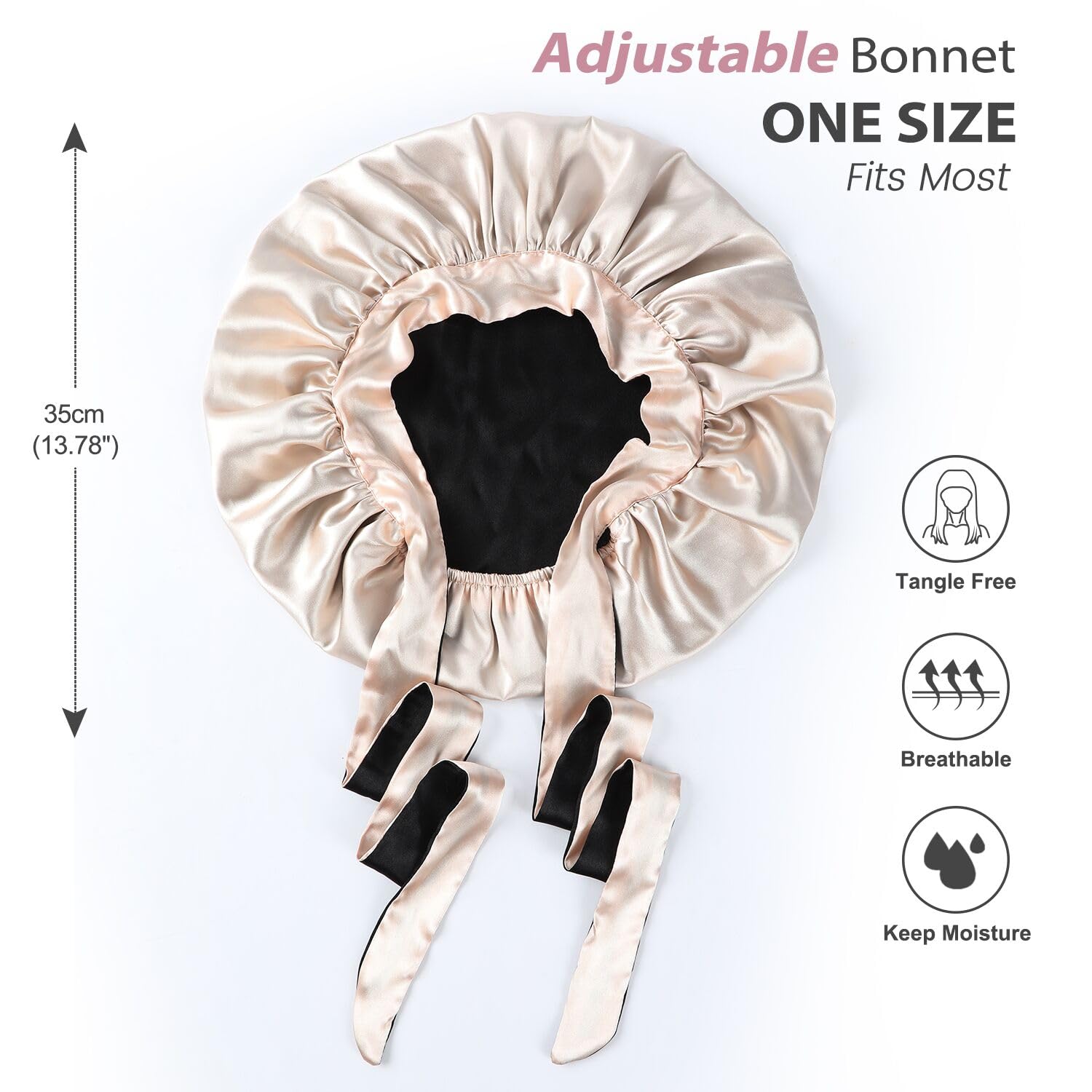 Hat Hut Satin Bonnet for Sleeping Cap for Curly Hair - Double Layer Reversible with Tie Band (Champagne/Black) - Image 3