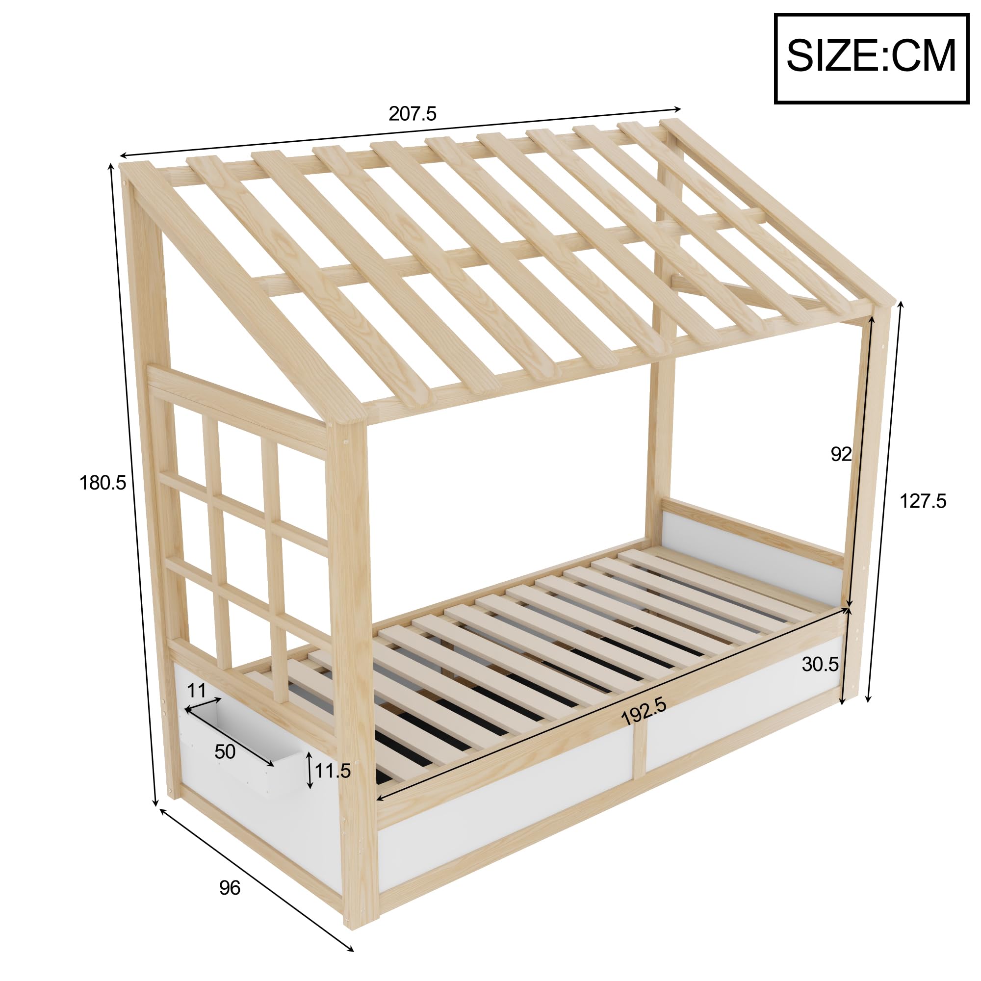 Estructura Individual 90x200 Estructura de Madera con Almacenamiento bajo la Superficie y Compartimentos Laterales Elevación Hidráulica con Techo y Ventanas para Vivienda Blanca