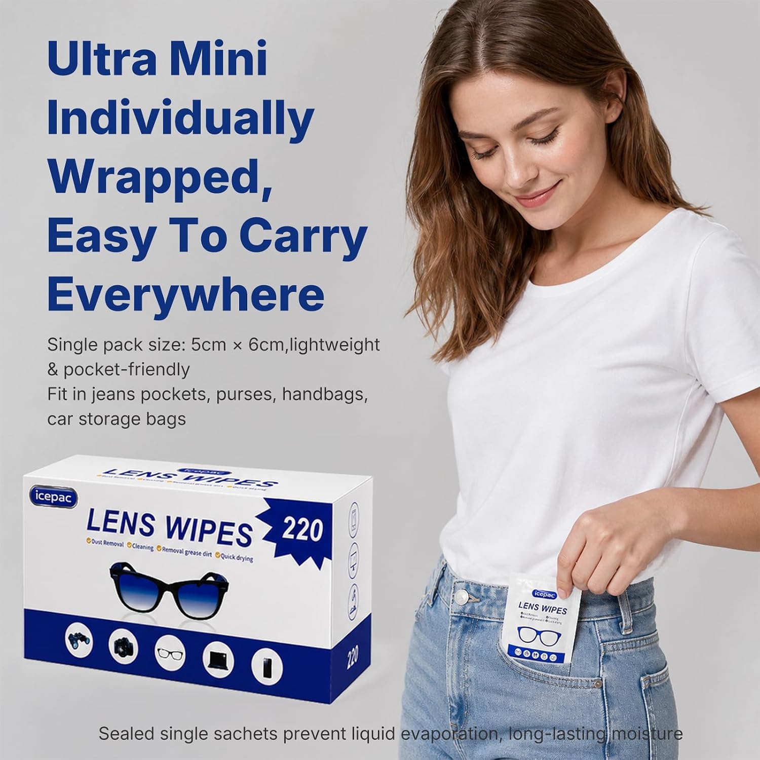 Lens Cleaning Wipes 220-Count, Individually Wrapped Streak-Free Screen Cleaner, Safe for Anti-Glare & Blue Light Coatings for Glasses, Phones & Camera Lenses
