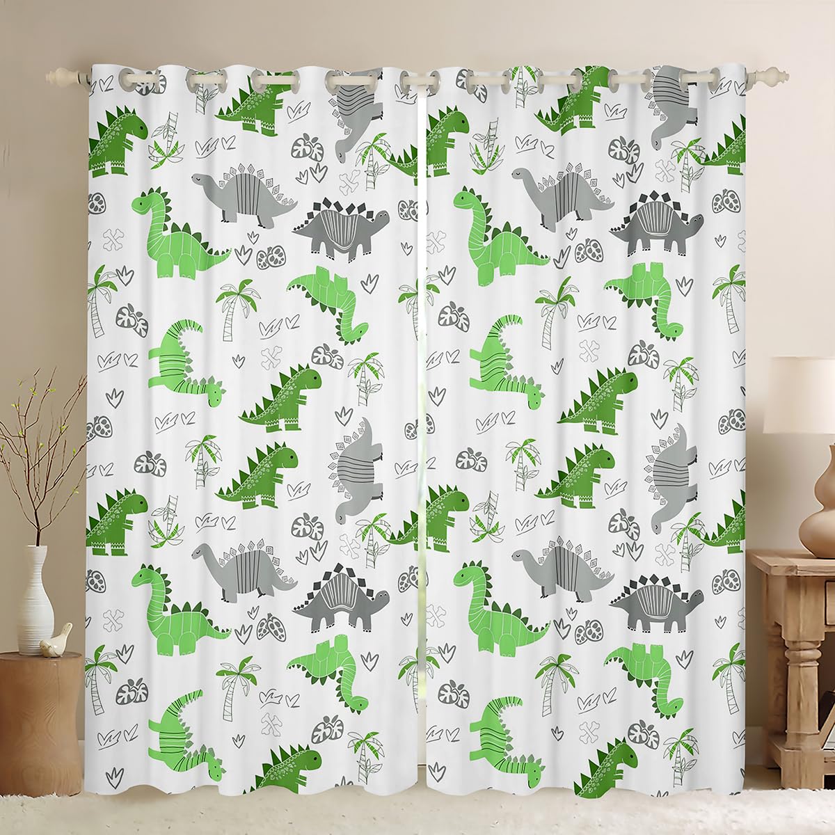 richhome Cute Dinosaur Blackout Curtains Bright Green Grey Dinosaur Darkening Drapes for Bedroom Living Room Decor Nutrue Palm Tree Shades Animal Theme Window Treatments, 2 Panels W52*L90