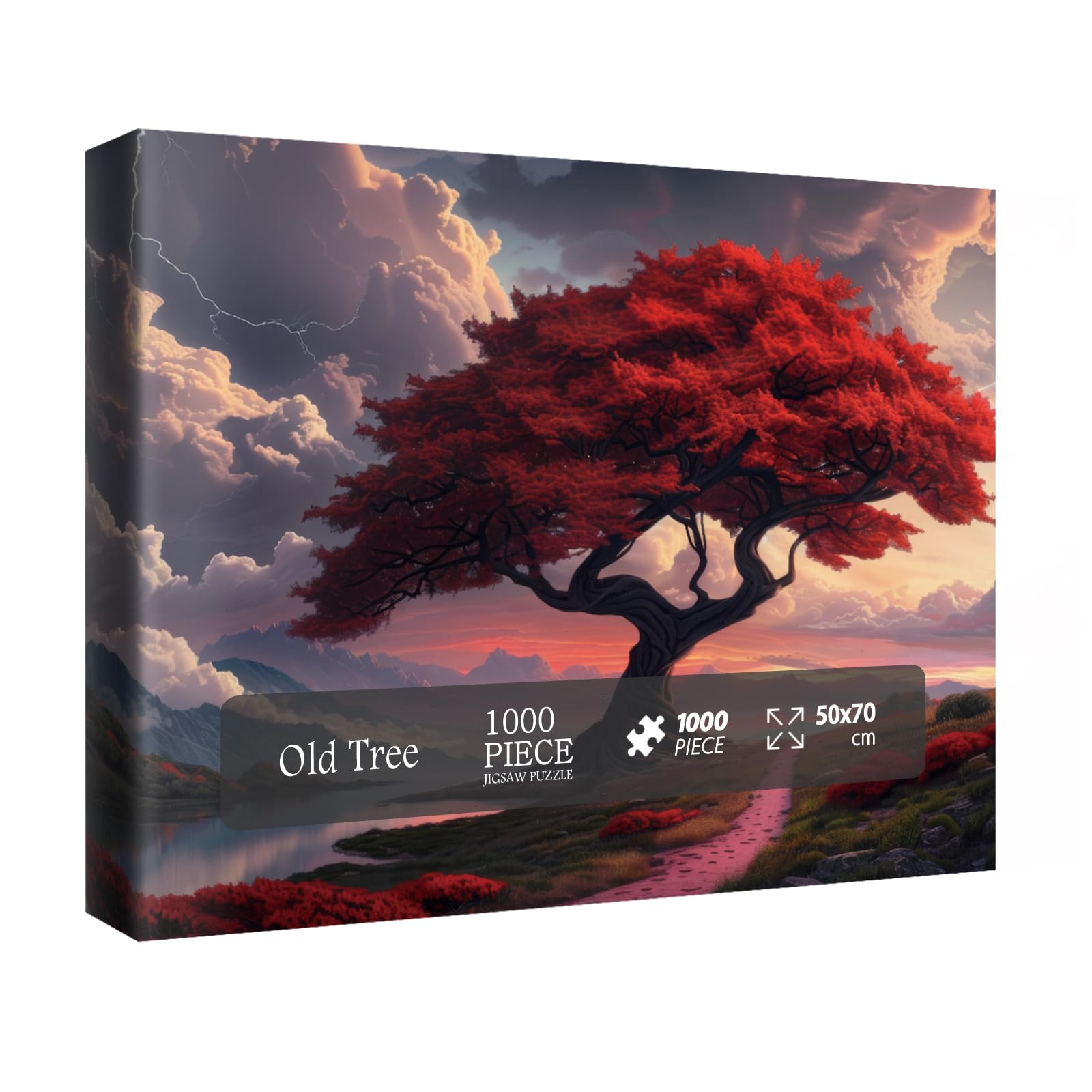 Beautiful Red Tree Puzzles for Adults 1000 Pieces Nature, Colorful Landscape Lake Fall Jigsaw Puzzles, Pretty Sunset Scenic Autumn Scenery Puzzle