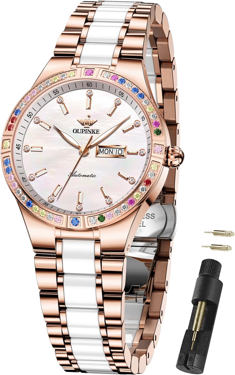 OUPINKE Automatic Watches for Women Diamond Luxury Dress Self Winding Stainless Steel Sapphire Crystal Ceramic Ladies Wrist Watches