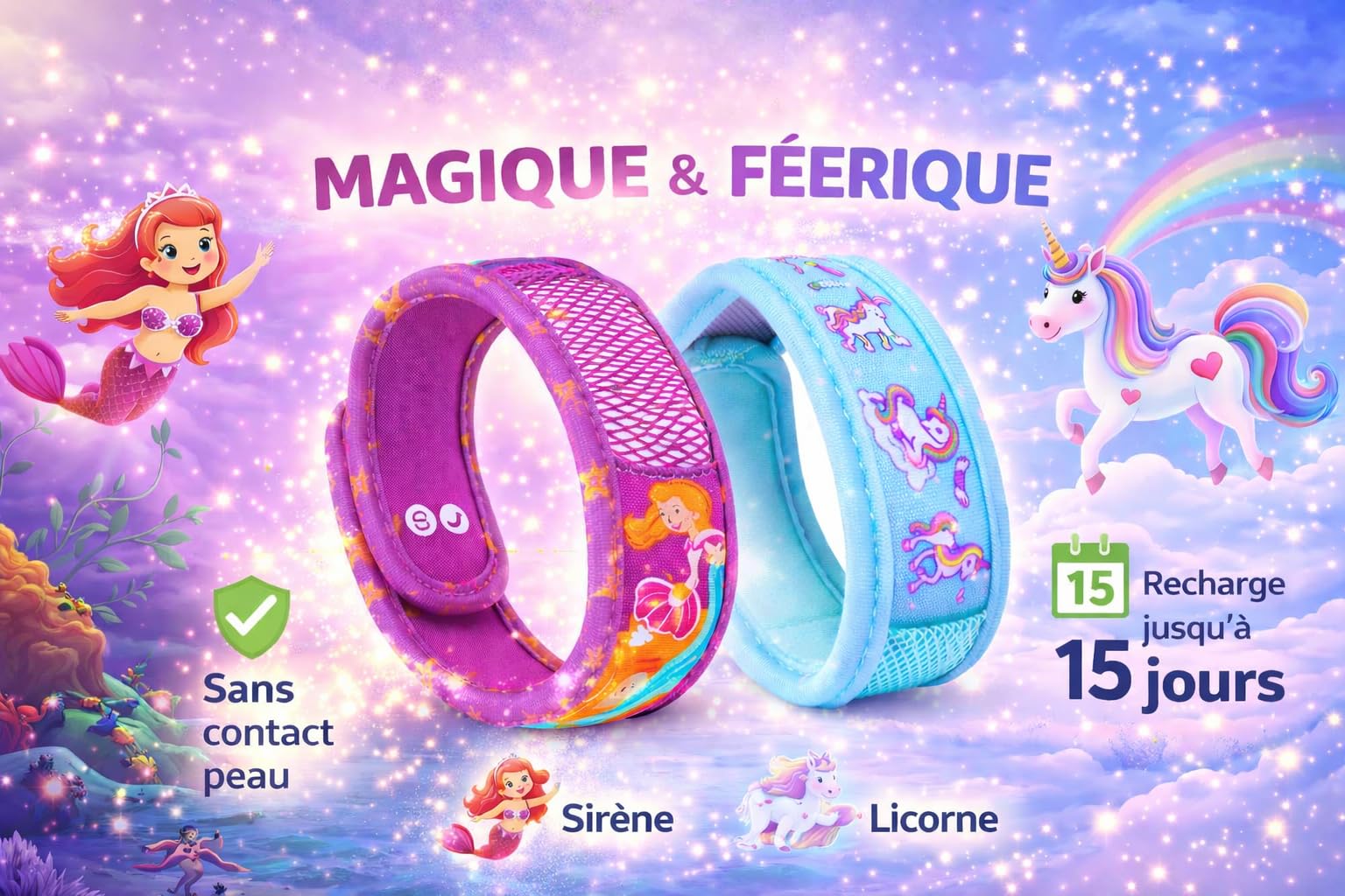 Lot de 2 Bracelets Anti-Moustiques Enfant/Adulte (Sirène + Licorne) – 4 Plaquettes Incluses – 1 Recharge = 15 Jours – Sans Contact Peau – Résistant à l’Eau
