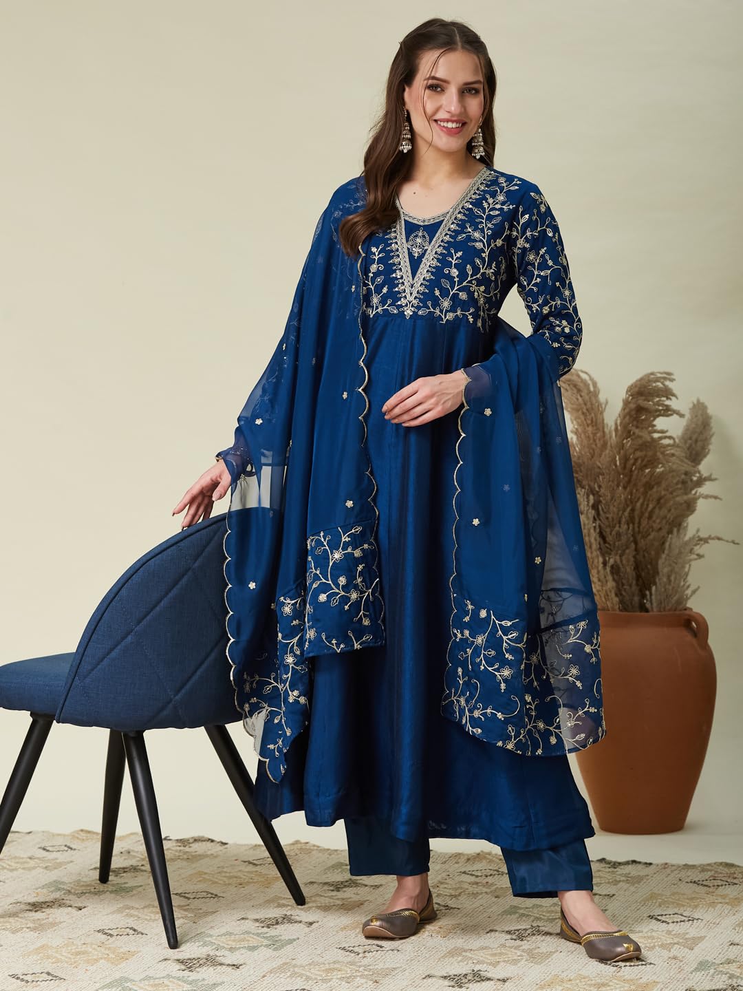 MOKOSH Women's Embroidered Teal Blue Anarkali and Pant with Dupatta Set-471-01-M - Image 5 thumbnail