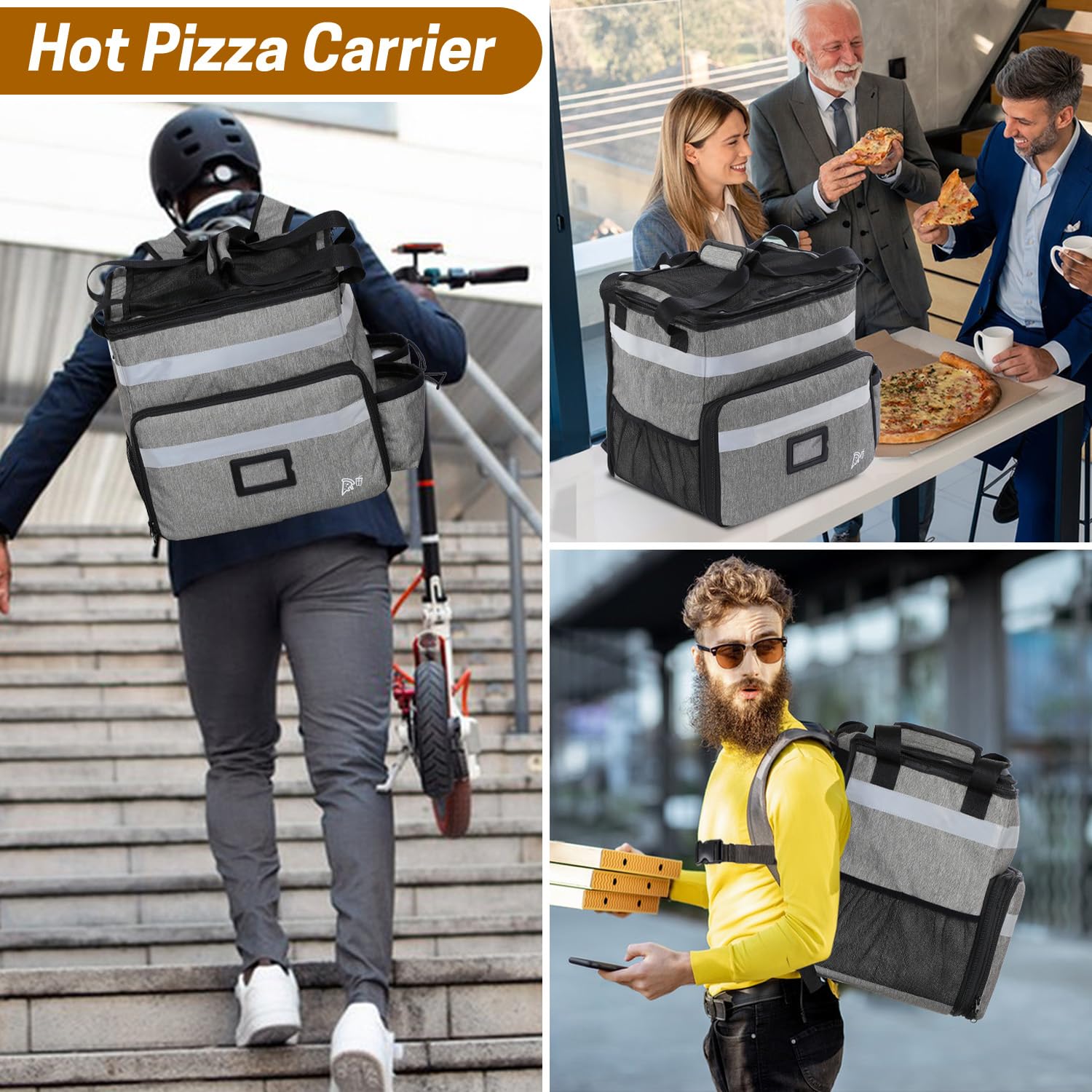 Lebensmittel-Lieferrucksack, 37 l, isolierte Pizza-Tragetasche mit reflektierenden Streifen, erweiterbare Funktionalität, Lebensmittel-Liefertasche für kalte und heiße Speisen, Pizza