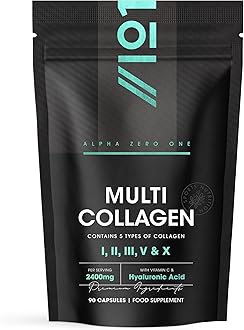 Multi Collagen 2400mg – Types I, II, III, V & X – 90 Capsules – Wild Caught Marine, Grass Fed Bovine, Eggshell & Free-Range Chicken Collagen Powder, with Hyaluronic Acid & Vitamin C – by Alpha01