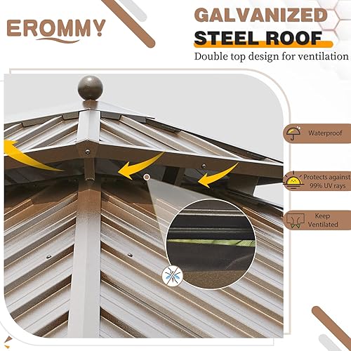 Miniatura 5 de EROMMY Cenador de techo rígido de 12 x 22 pies, toldo de acero galvanizado de doble techo, marco de aluminio para exteriores, pabellón de metal