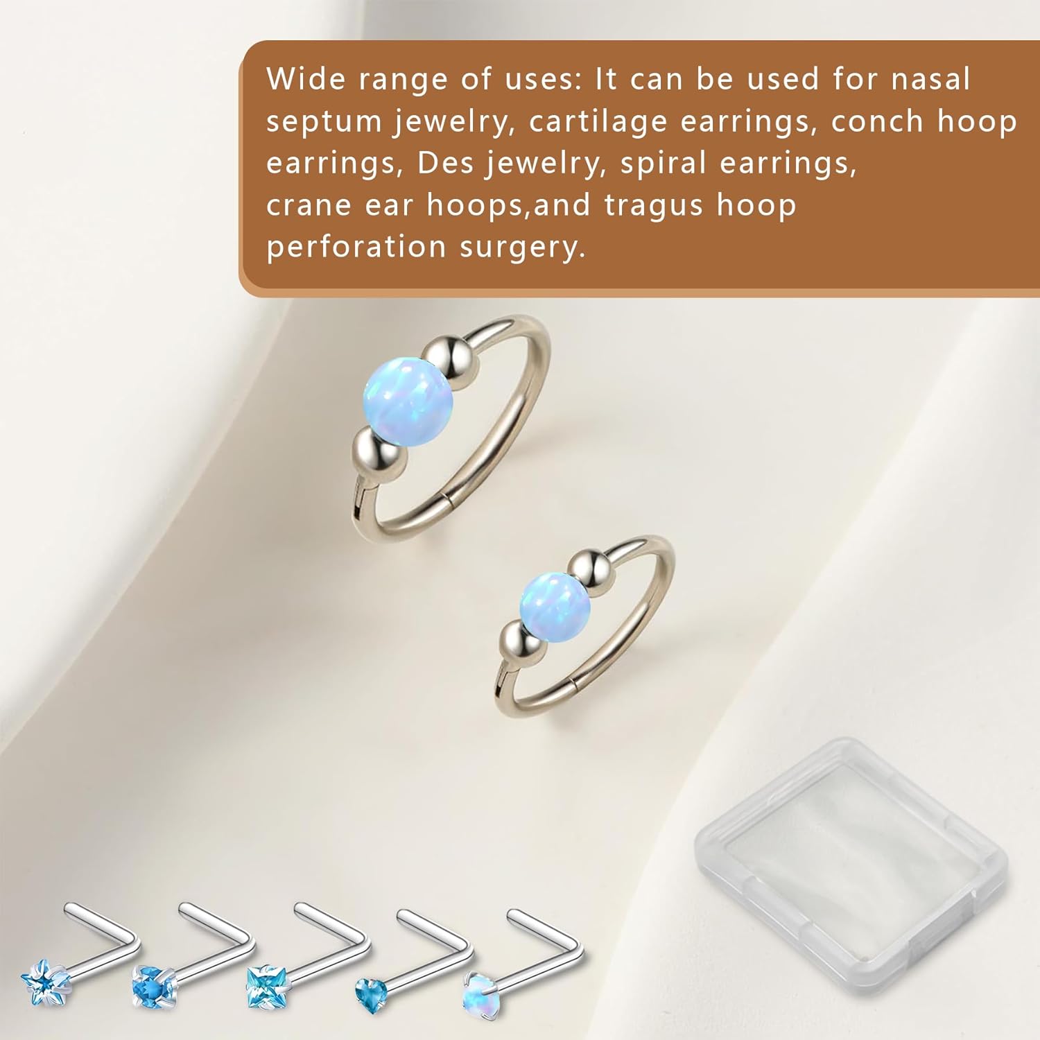 7pcs Nose Rings Set 18G Opal Hoops and 20G L-Shaped Studs for Women Men Hypoallergenic 316L Surgical Steel Piercing Jewelry Septum Ring, Cartilage Earring - Image 7