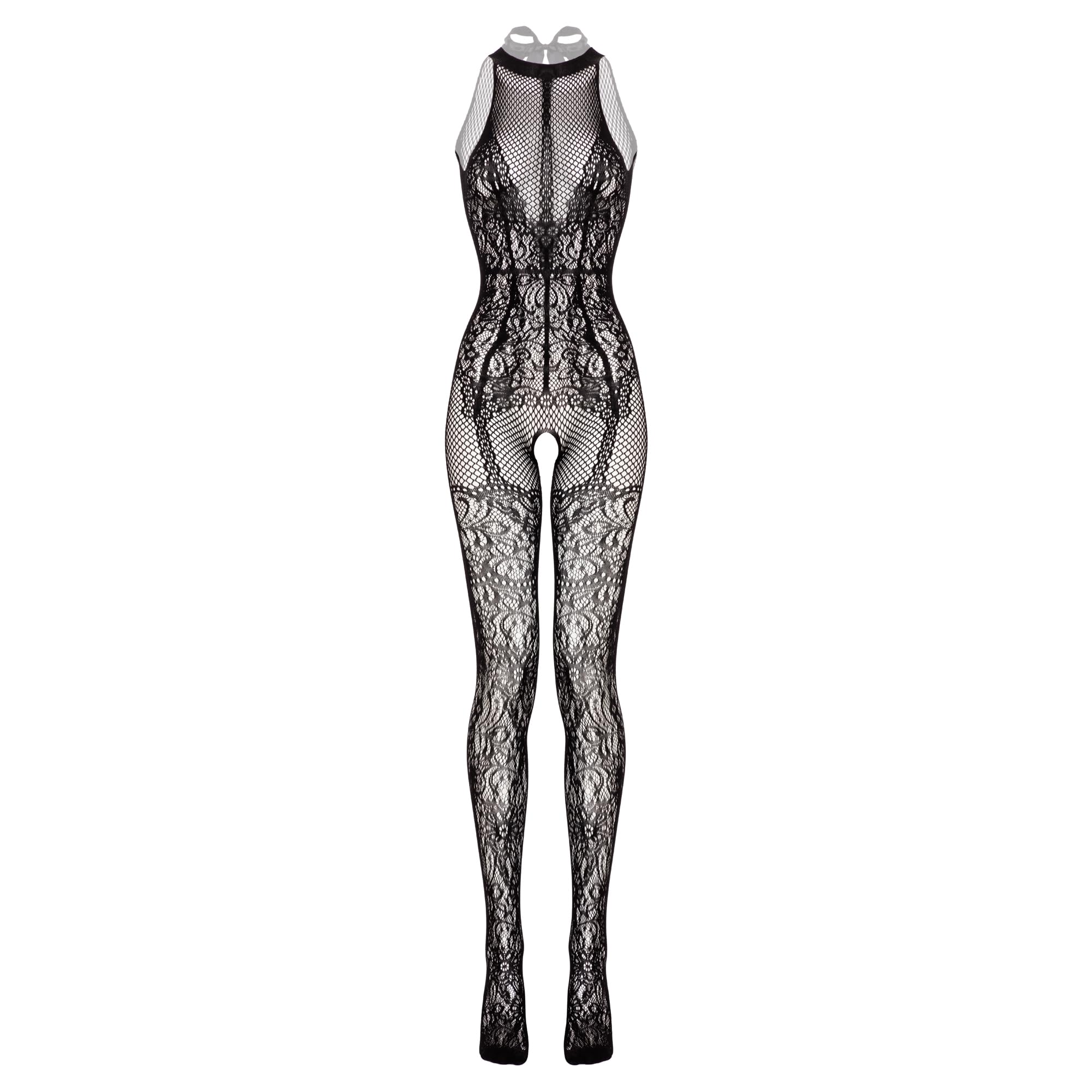 Lovehoney Lingerie Lace Bodystocking - Basque Style Patterned Lace & Fishnet All in One Womens Lingerie Set - Crotchless Bodystocking - One Size Plus: 18-22 - Black