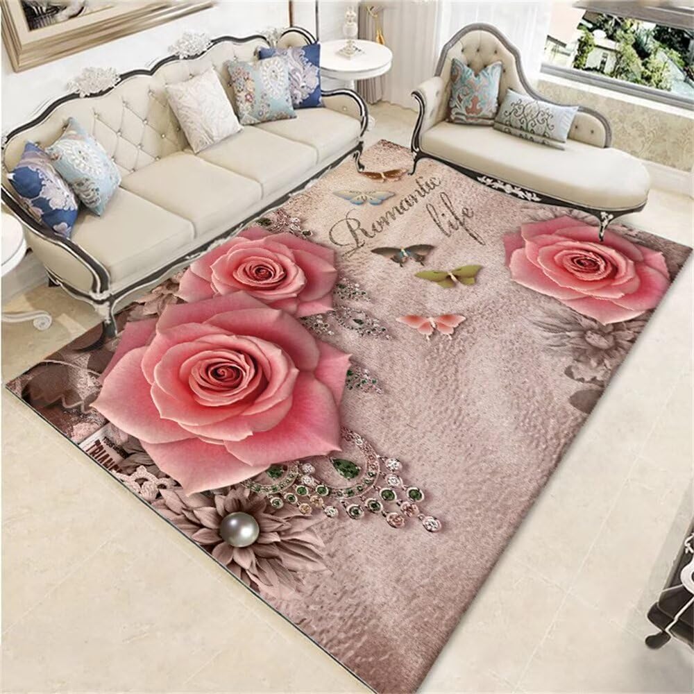 Beau tapis de chambre rose floral 70x140cm haute résistance et confort