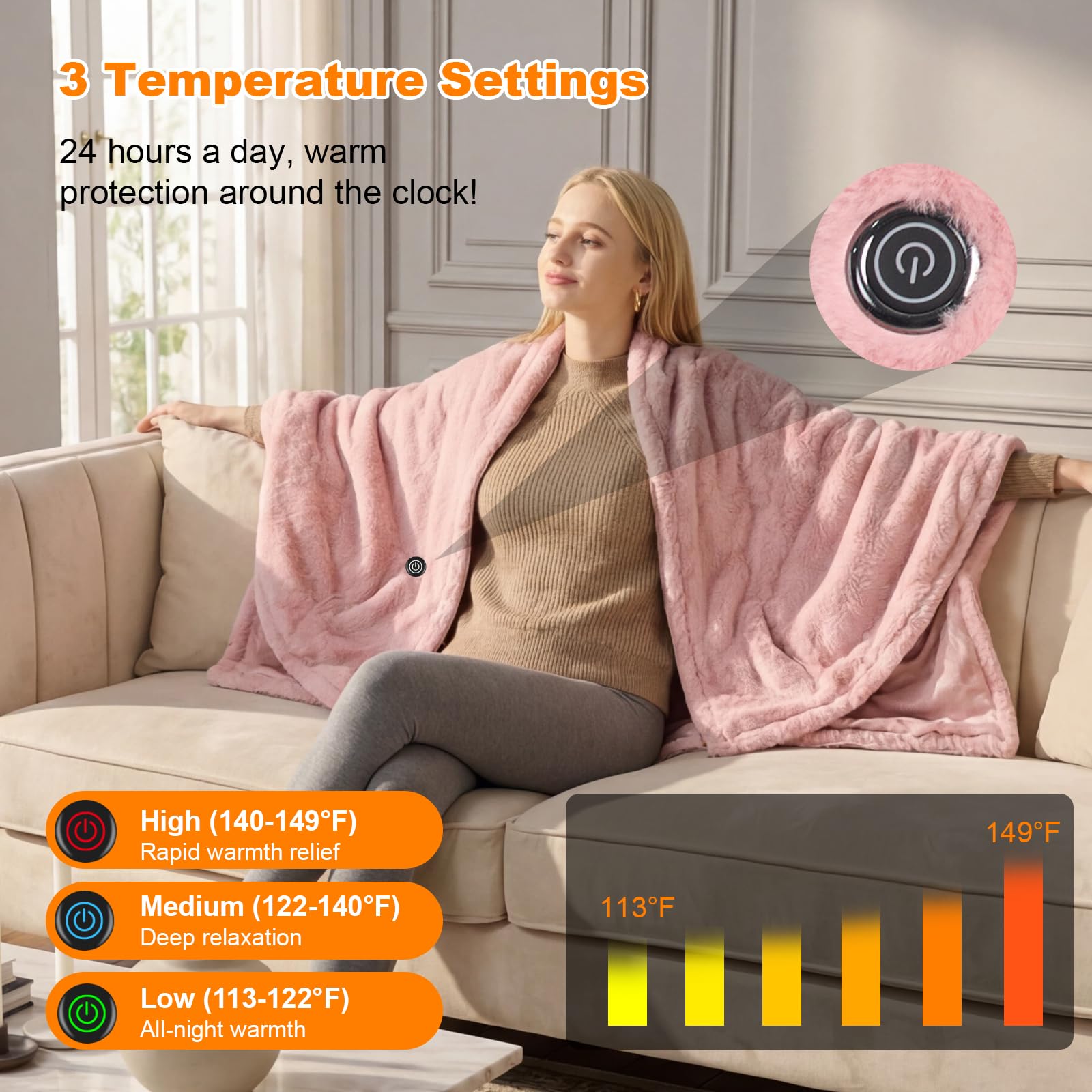 160x90cm Heizdecke Kabellos mit 16000mAh Akku, Waschbar Flanell Heizdecke zum Anziehen mit 6 Heizzonen und 3 Temperaturstufen, USB Elektrische Wärmedecke für Sofa, Büro, Reisen, Camping (Rosa)