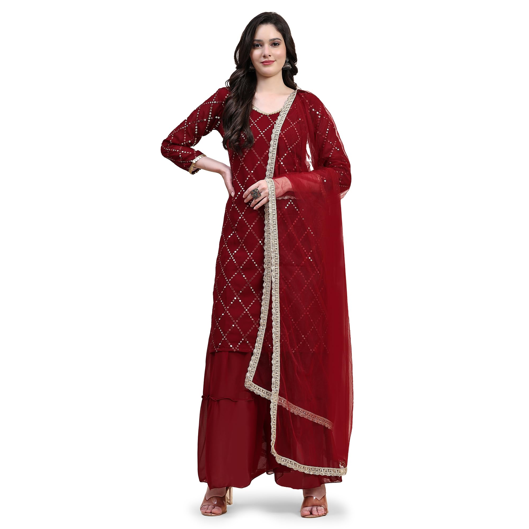 TRENDMALLS Women's Georgette Embroidery Salwar Suit Set Kurta Sharara with Dupatta Maroon Kurta Set for Women