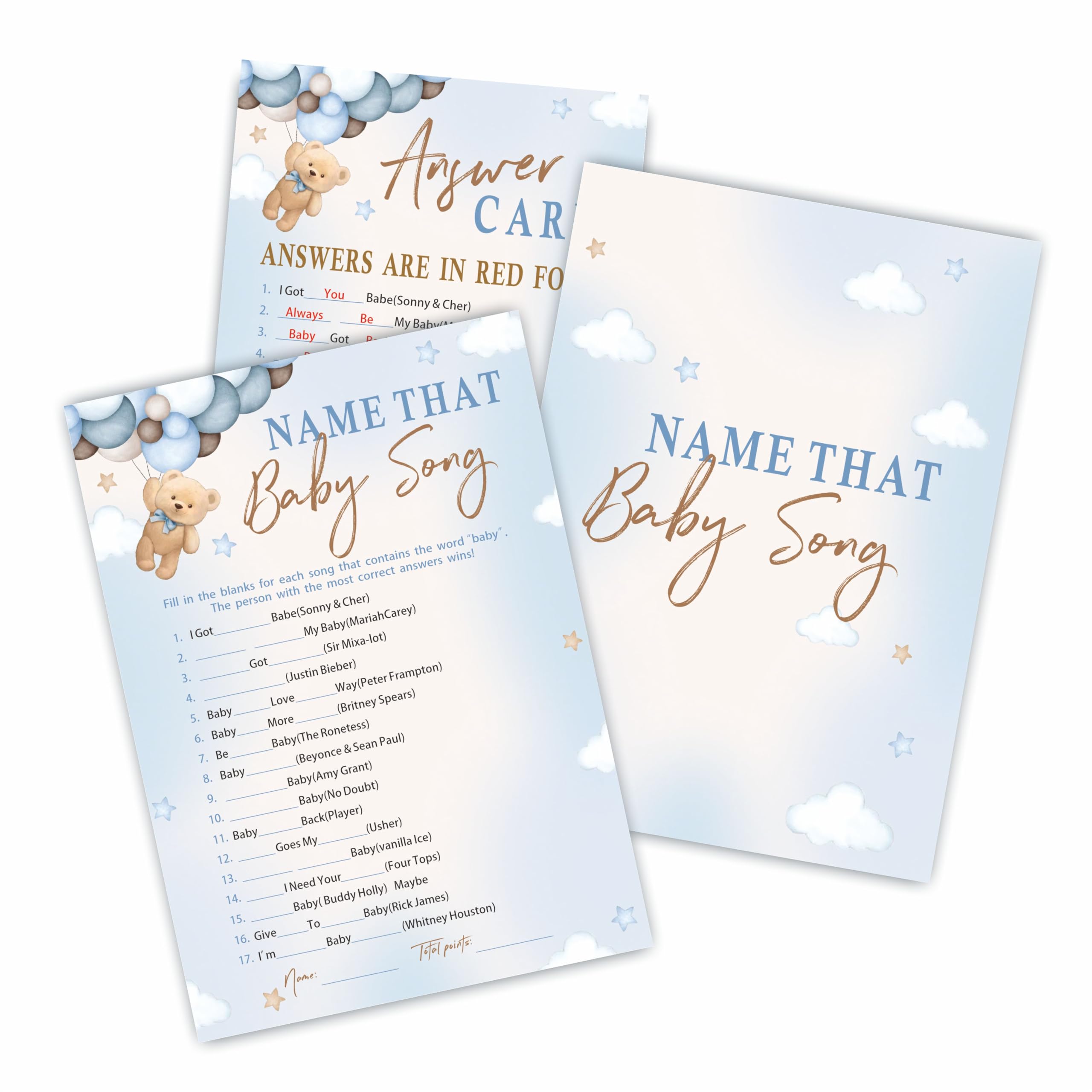 30 Name That Baby Song Game Cards For Baby Shower Game & Activity - Bear & Balloons - Mommy Or Daddy Double-Sided Fill In Game Cards, Gender Reveal