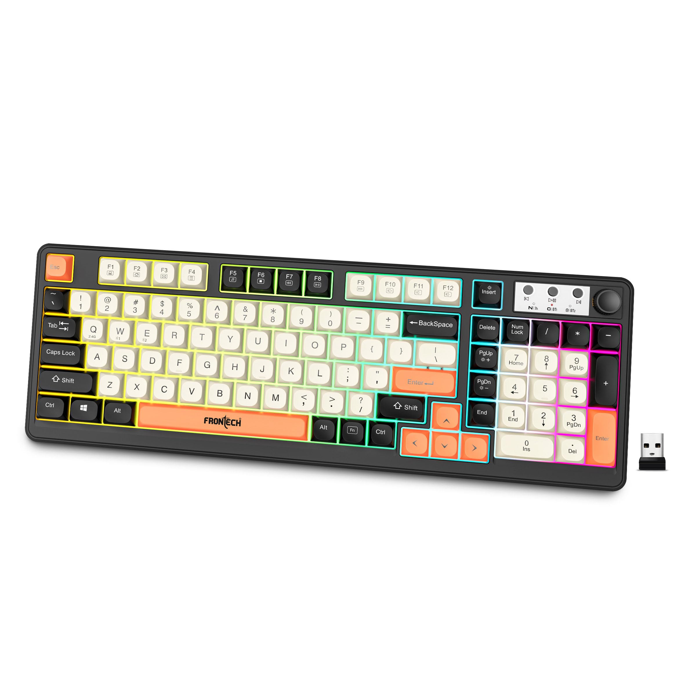 FRONTECH Wireless Gaming Keyboard | 98 Keys Layout | 19 Anti-Ghosting Keys | Dual Wireless 2.4GHz & Bluetooth 5.1 | Rainbow Backlight | 2000mAh Battery | Type-C Charging | 1 Year Warranty (KB-0026P)-image-35