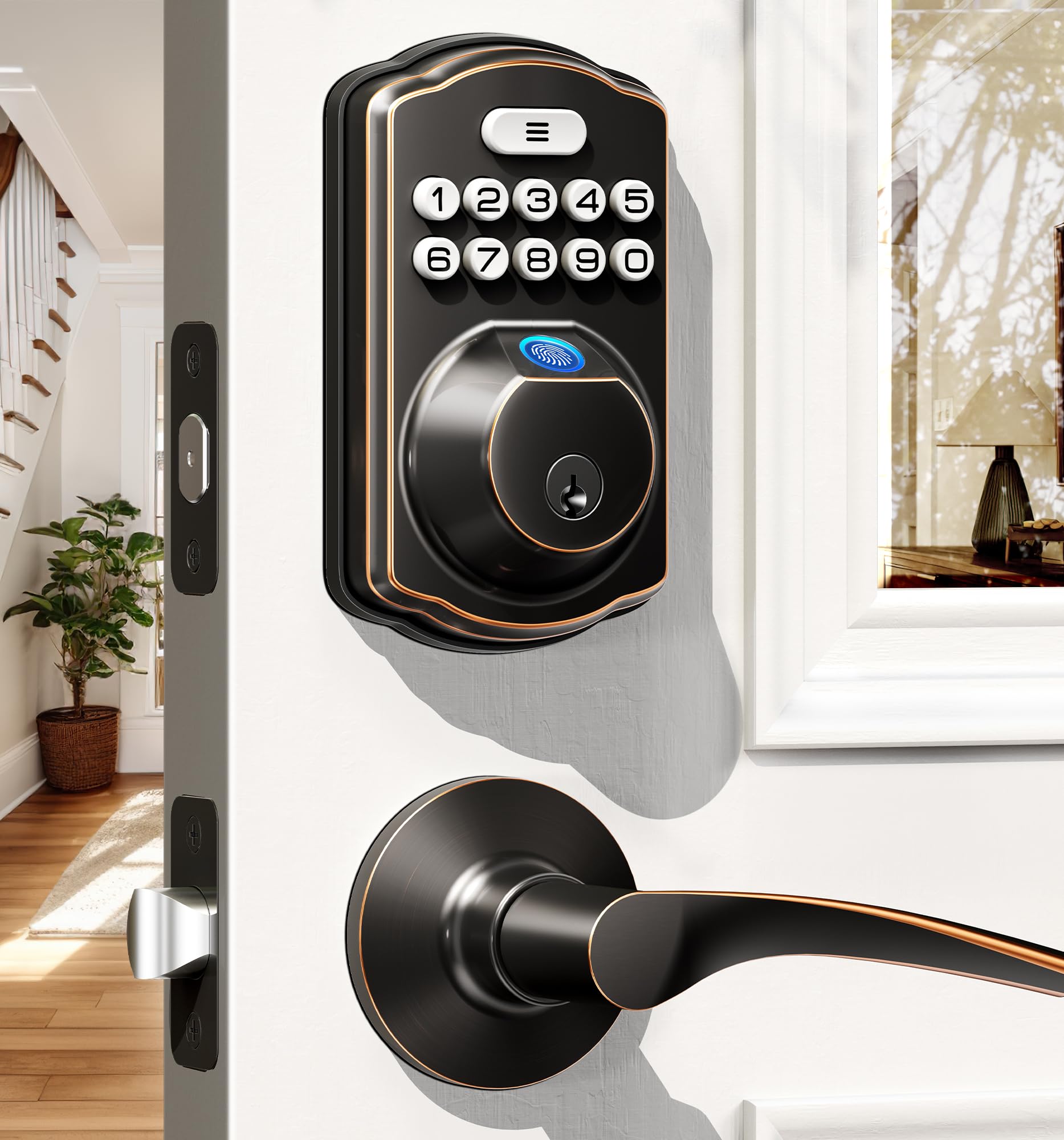 Veise Fingerprint Door Lock with 2 Lever Handles - Keyless Entry Door Lock, Electronic Keypad Deadbolt, Digital Smart Code & Front Handle Sets, Auto-Locking, Easy Installation, Oil Rubbed Bronze