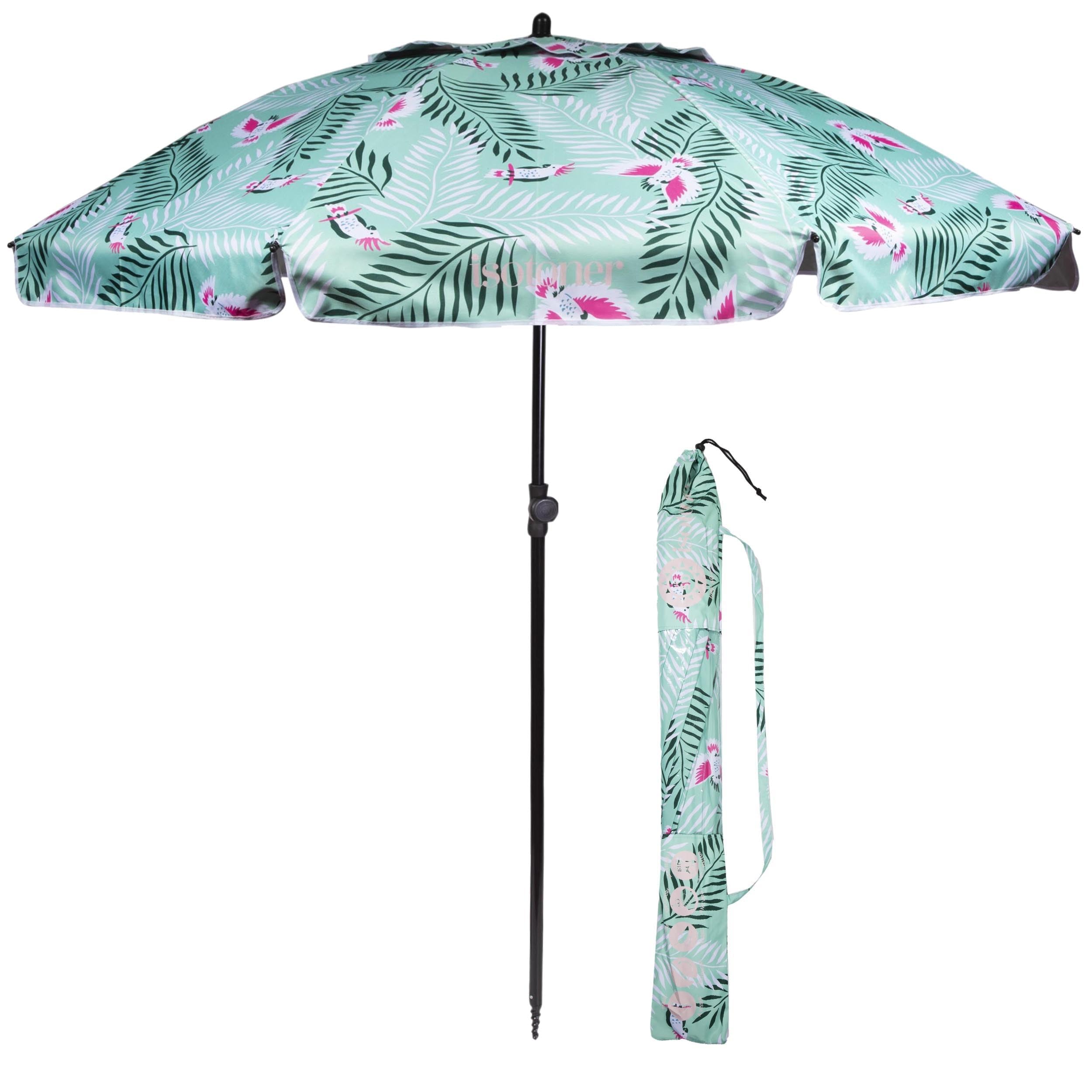 Isotoner Parasol de plage de plage, ultra résistant, structure anti vent, léger réglable en hauteur et inclinaison et anti uv upf50+, 160 cm cacatoès