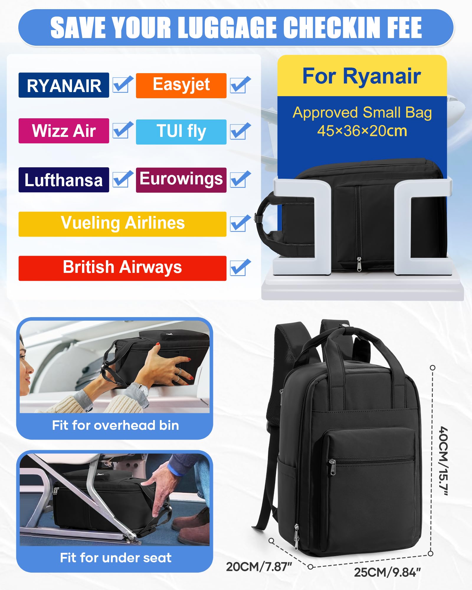 BJLFS Zaino da Viaggio con Sottovuoto Ryanair 40x30x20 Wizzair Bagaglio a mano 40x20x25 Ryanair con Pompa Borse da Cabina per Easyjet 45x36x20 con compressione sottovuoto,Zaino Casual per Laptop