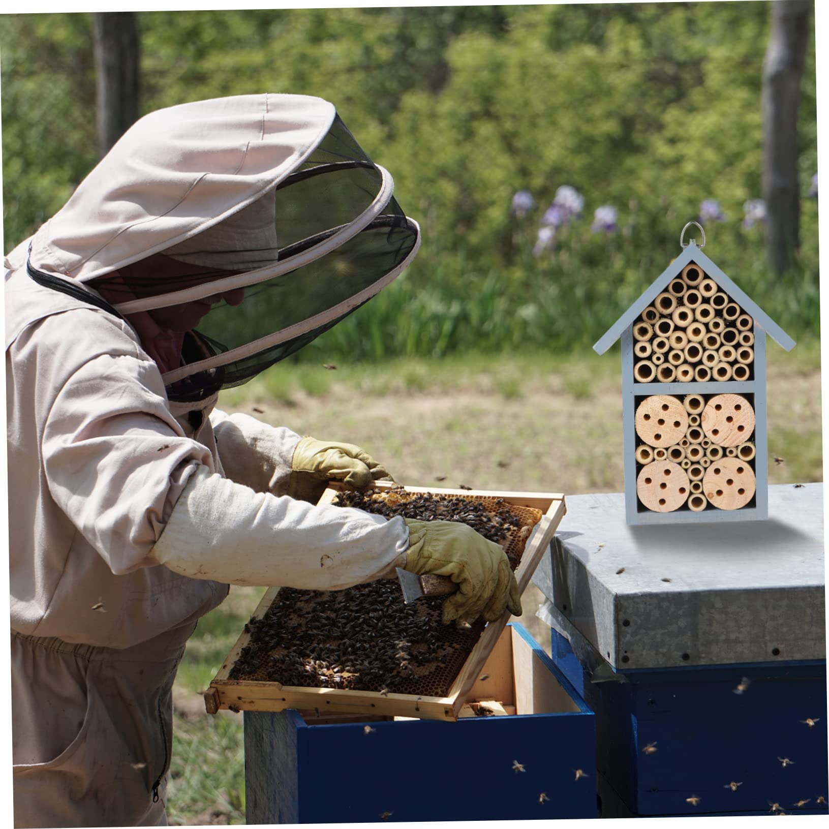 Bemaltes Bienennest, 1 Stück, Blau, mit Eisenhaken