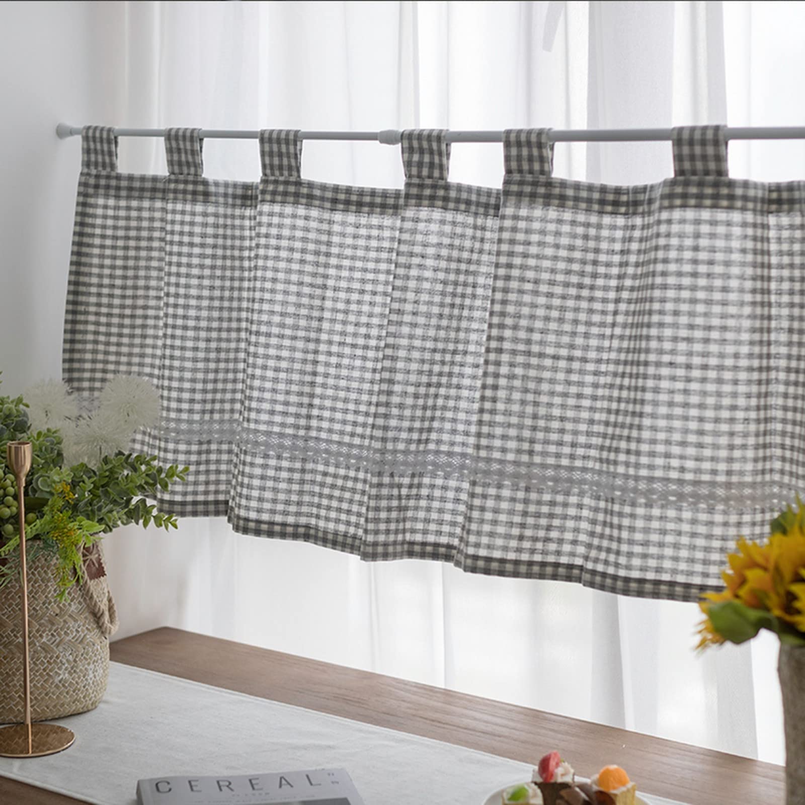 A.Monamour Gardine Scheibengardinen Kurzstores Tab-Top Grau Kariert Baumwolle Leinen Blickdicht Mit Spitze Kurzvorhang Kurzgardinen Küchengardine Küche Vorhang Fenster Kurz Stores Bistrogardine