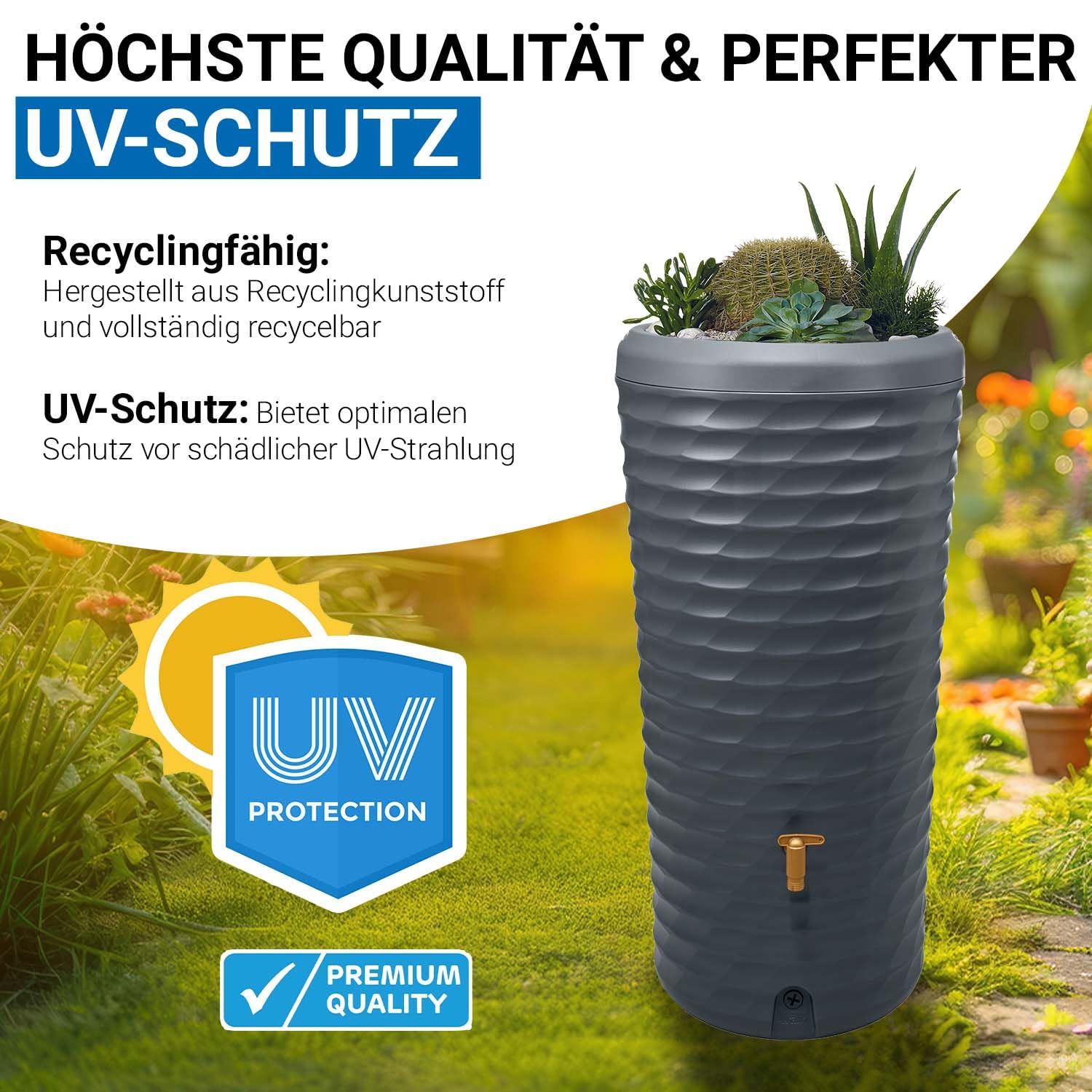 4rain Jolie 2in1 Regentonne 230 Liter Graphite Grey inkl. Pflanzschale | dekorative Lösung für nachhaltige Gartenbewässerung mit Auslaufhahn in Messingoptik und wetterfester Bauart für draußen
