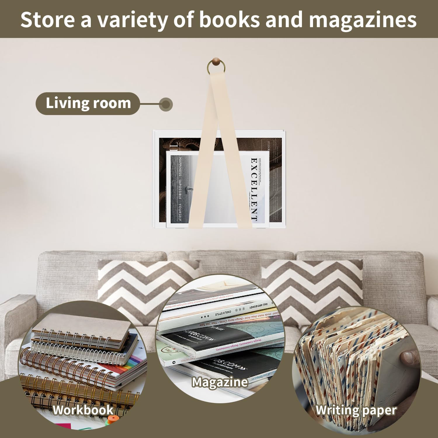 Revistero Archivador de Piel, Estante Colgante para Libros, Beige
