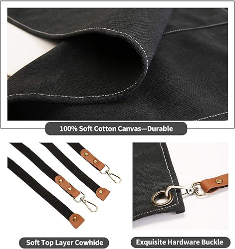 Miniatura 46 de Delantal de lona de algodón con espalda cruzada para hombres y mujeres, delantal de chef con correa ajustable y bolsillos grandes, delantal de Gris