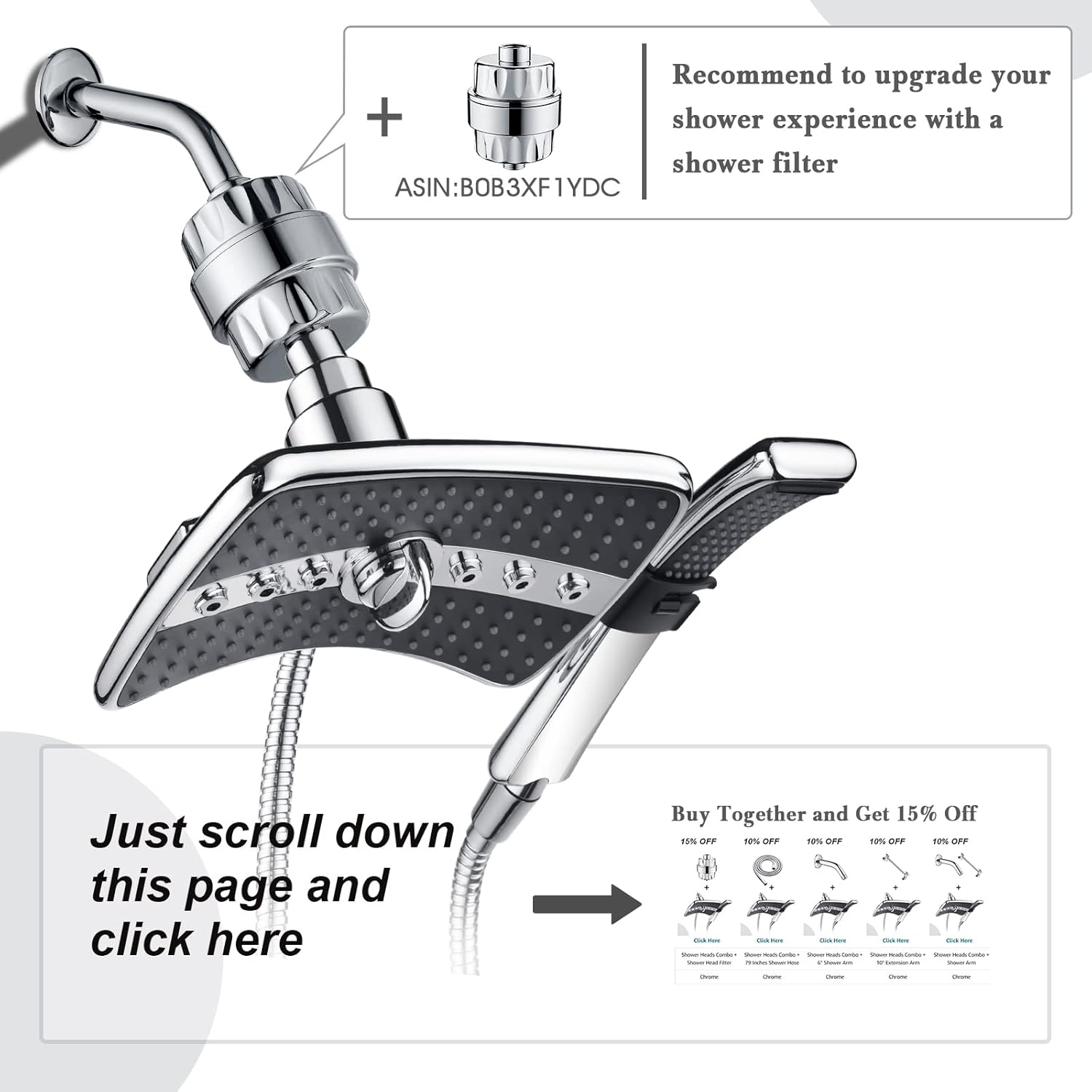 BRIGHT SHOWERS Dual Shower Head Combo, Handheld Showerhead Rainfall Shower Head Set with Black Face, 60 Inch Long Stainless Steel Shower Hose, Chrome - - 
