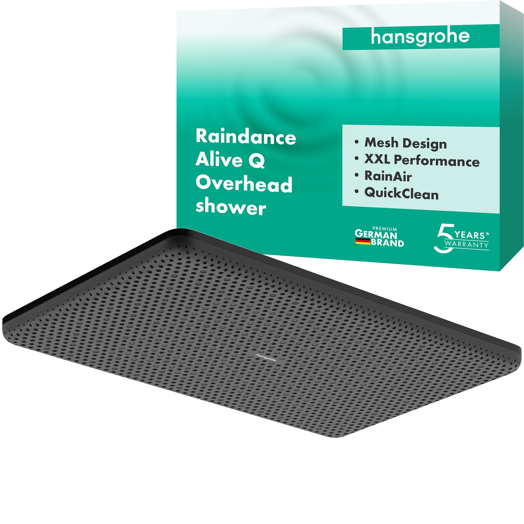 hansgrohe Raindance Alive Q - rociador de ducha, ducha fija (210 x 340 mm), cabezal de ducha lluvia con 1 tipo de chorro (PowderRain) para conexión pared y techo, negro mate, 24530670