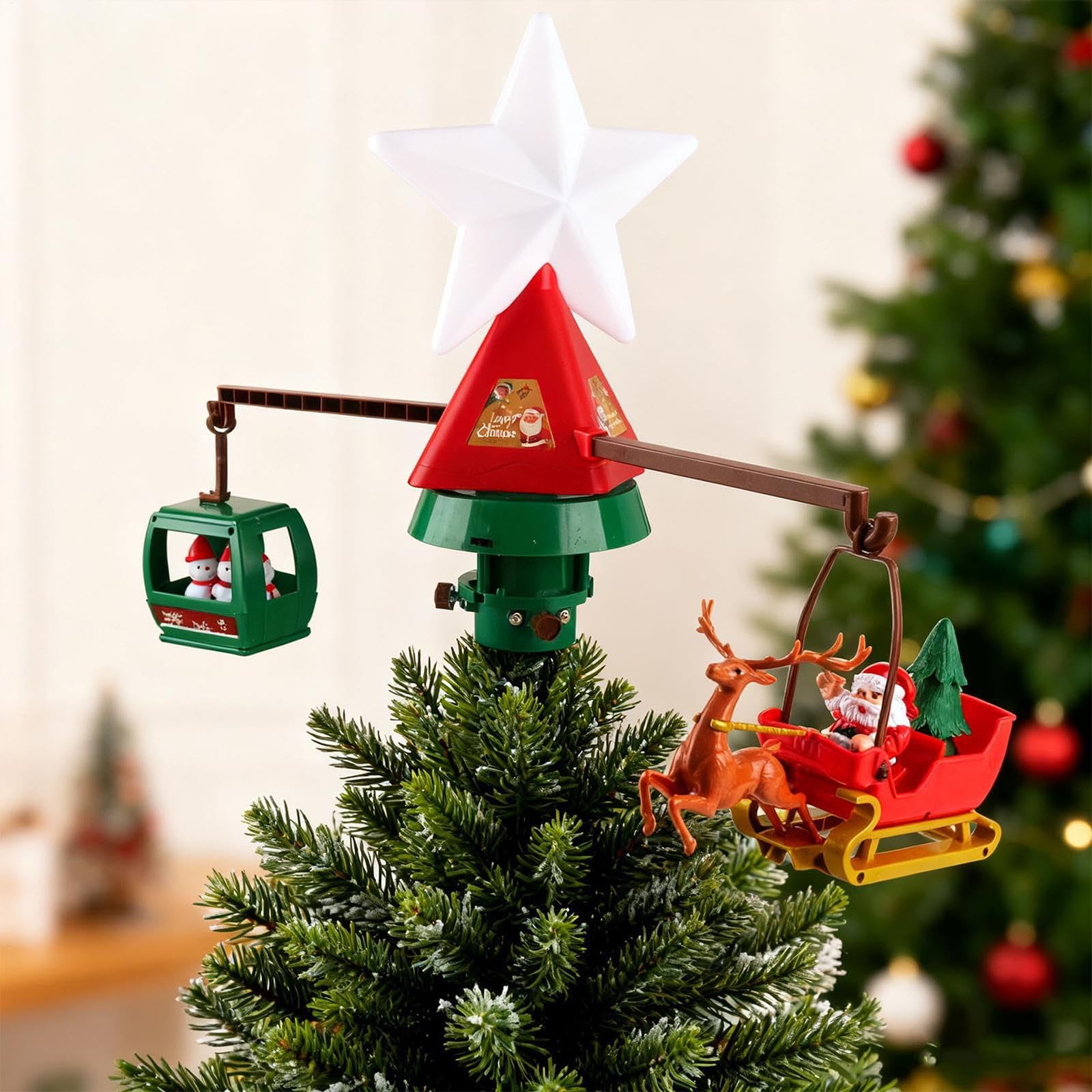 Árbol de Navidad giratorio que ilumina el líder de estrellas con base equilibrada y características musicales para adornos de árbol de Navidad LED de cubierta cíclica