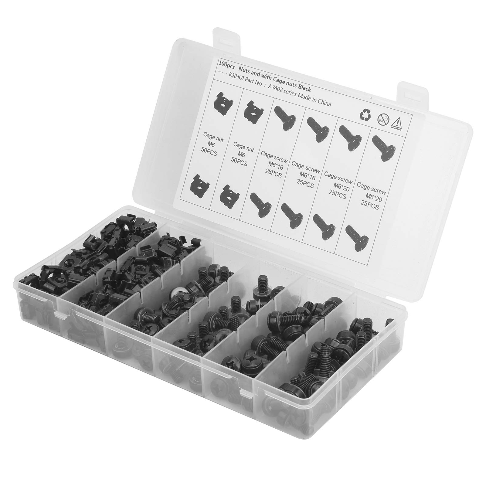 Set di viti dadi a gabbia M6, hardware di montaggio in acciaio al carbonio, kit di dadi a gabbia neri con 100 dadi e 100 viti, per rack, chassis, controller, armadi, veicoli,