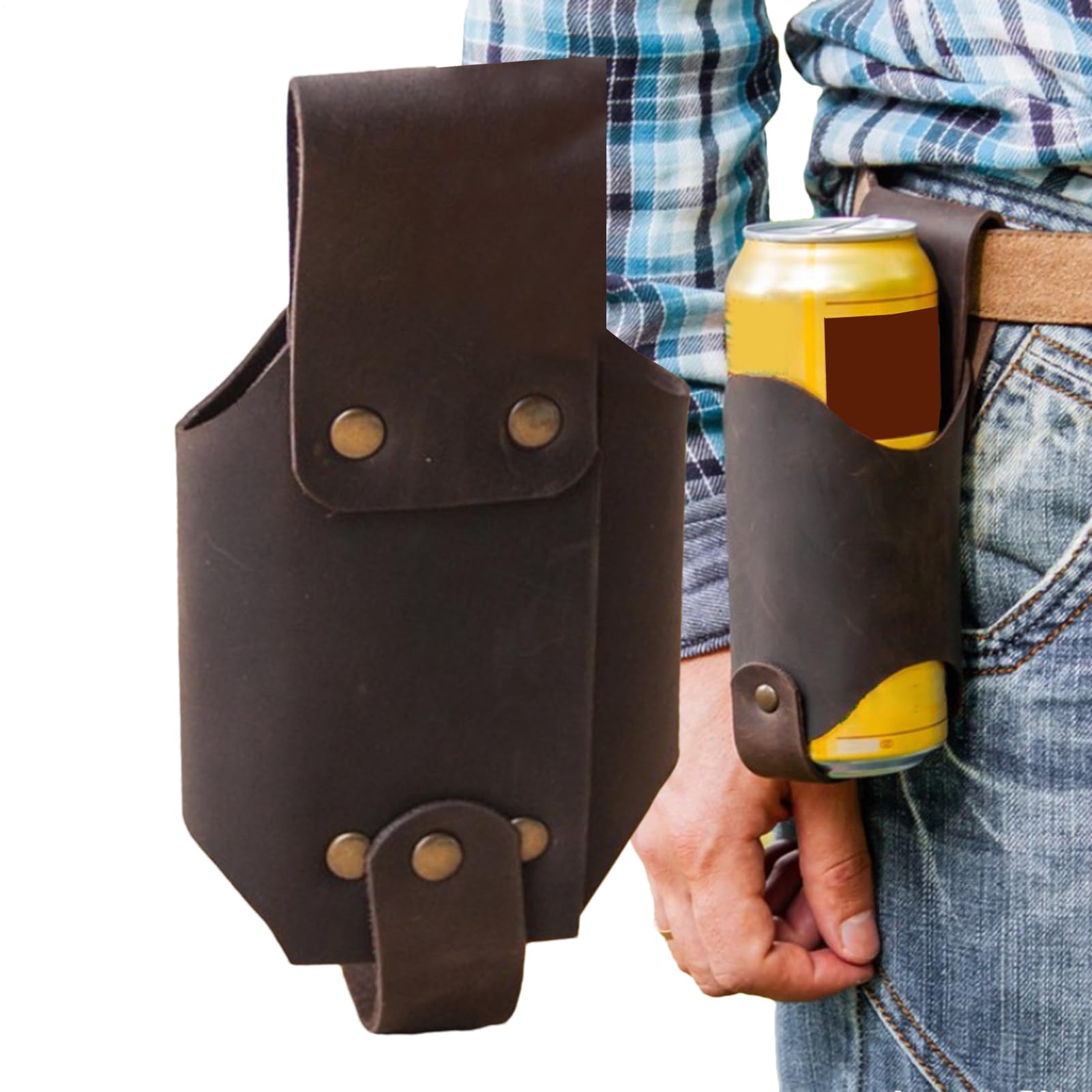PU Leather Beer Carrier - Bottle Holder Strap, Drink Holster with Clip for Hiking, Tailgating, Party | Adjustable Waist Belt Pouch Can Flask for Soda Outdoor Sports BBQ Gear