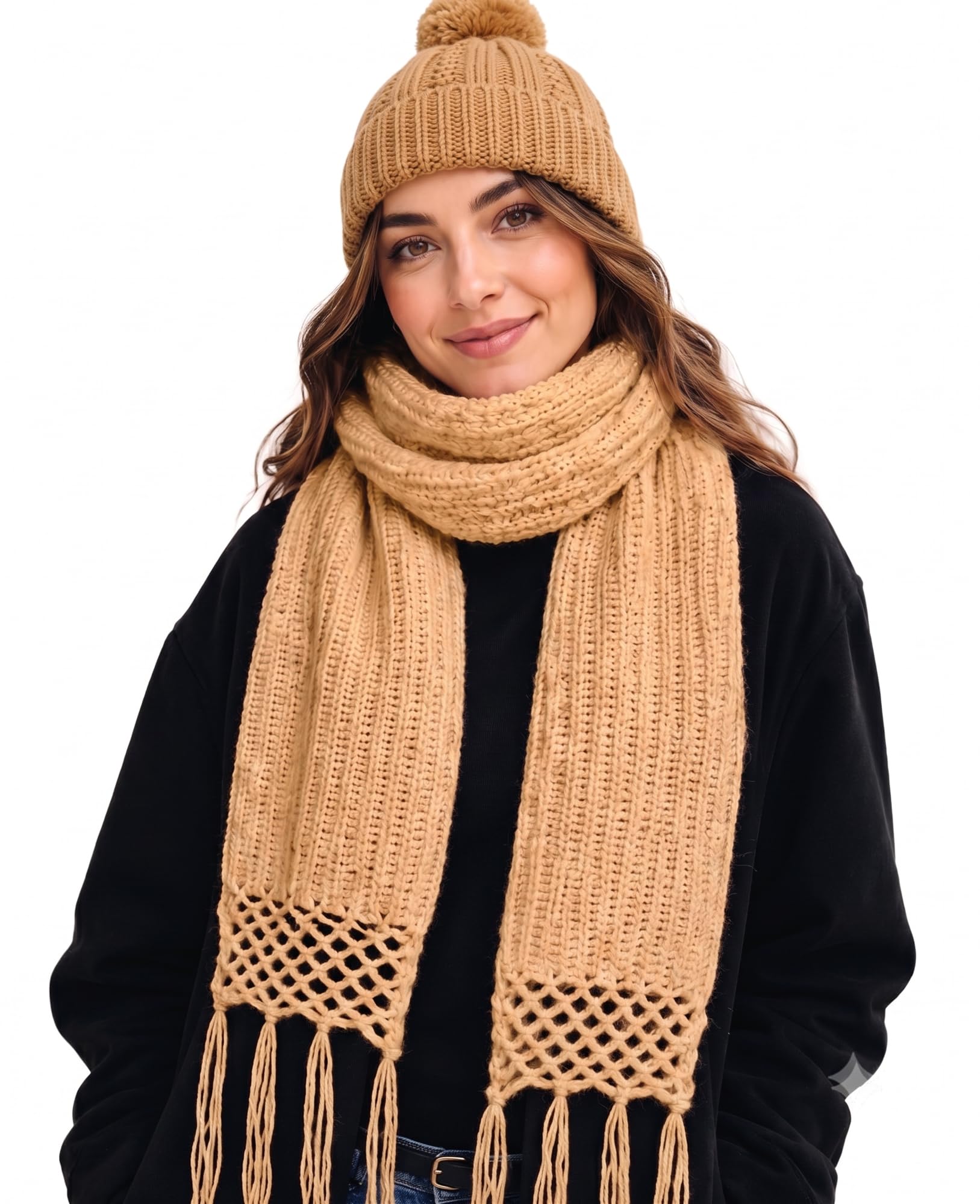 Handmade Woolen Pom Pom Cap & Muffler Combo for Men, Women, Boys & Girls Unisex Hand Knitted Winter Beanie Hat with Matching Scarf Set Soft Warm Knitted Wool Cap & Muffler-image-10