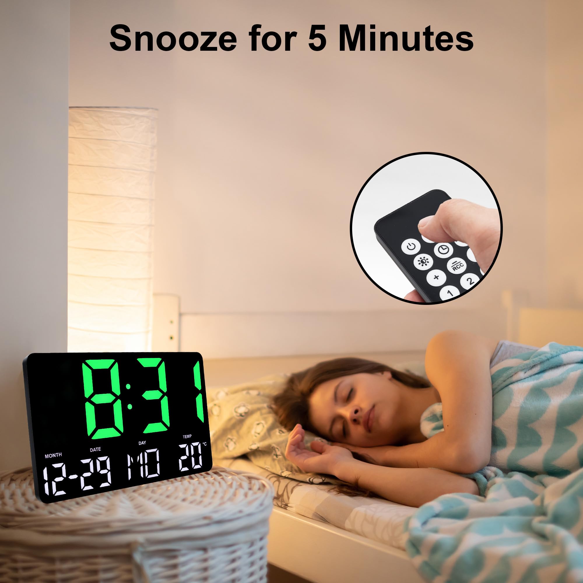 Lafocuse Horloge Murale Numérique LED 12" avec Télécommande, Température, Date, Alarme, Snooze, Luminosité Réglable, Vert