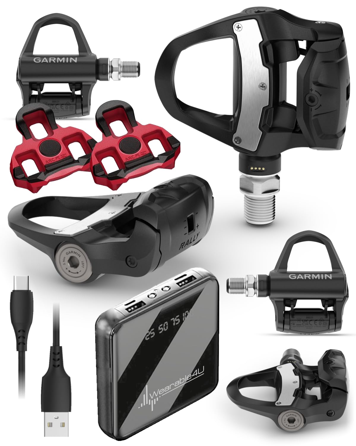 Garmin Rally RK210 Dual-Sensing Power Meter Pedals for Road Bikes, Carbon Fiber, 5 Degree Look KEO Cleats, Rechargeable Cycling Pedals, Up to 90 Hours of Ride Time w/ Wearable4U PowerBank Bundle
