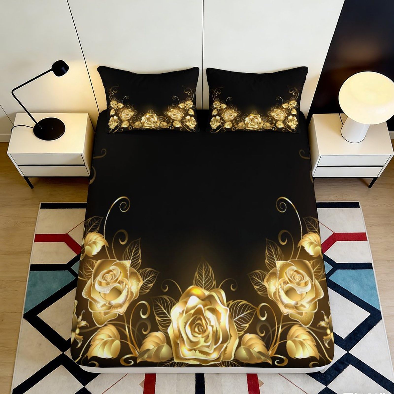Tjiqhvmrn Style-3 3D Printed Golden Rose Fitted Sheet Microfiber Deep Pocket Non-Slip Bedroom Bedding Golden Rose Mattress Fitted Cover Full Wrap For All Ages 90X200x25cm
