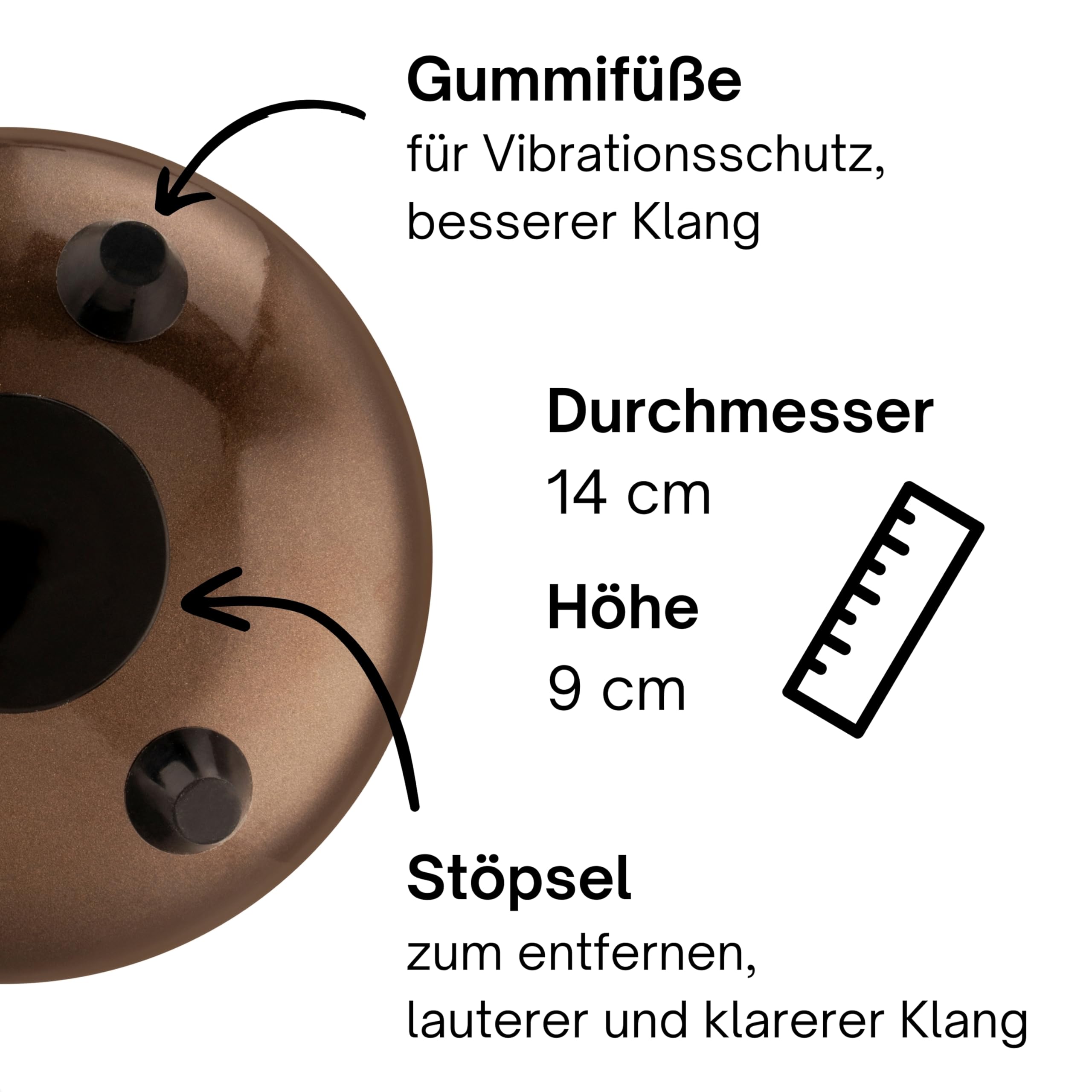 Zungentrommel "Standard" C - Dur in Bronze - 14 cm klein mit 8 Tönen - Steel Tongue Drum inkl. Liederbuch, Schlägel, Fingersticks und Tragetasche - Notenlesen nicht nötig, einfach zu spielen.
