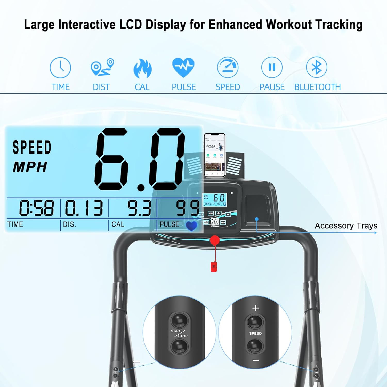 Ksports Advanced Rehab Walking Treadmill with 2.25HP Motor, Long Handrails for Balance, 287 LB Capacity, 0.4-8.0 MPH, 3-Level Incline, Bluetooth for Kinomap, Zwift & FitShow, Foldable with LCD Display