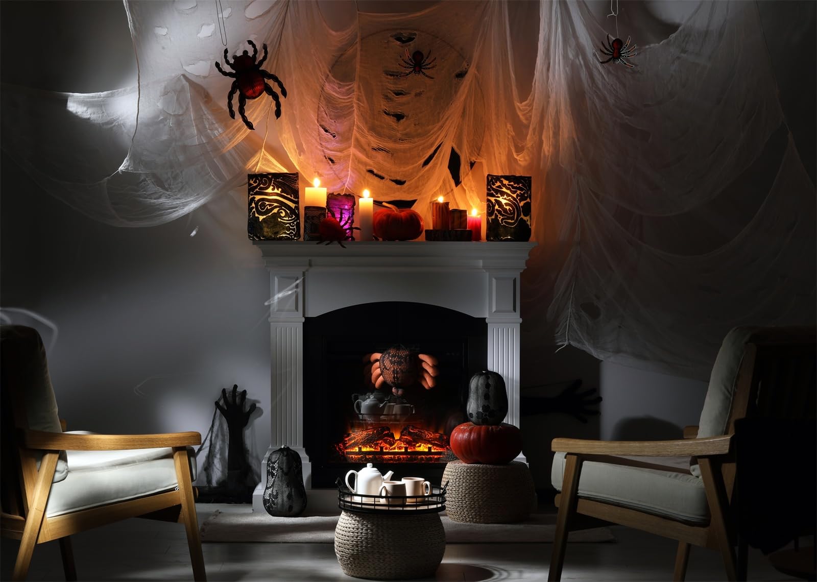 10x8FT (3x2.5m) Salotto Halloween Con Ragnatele Sfondo Fotografico